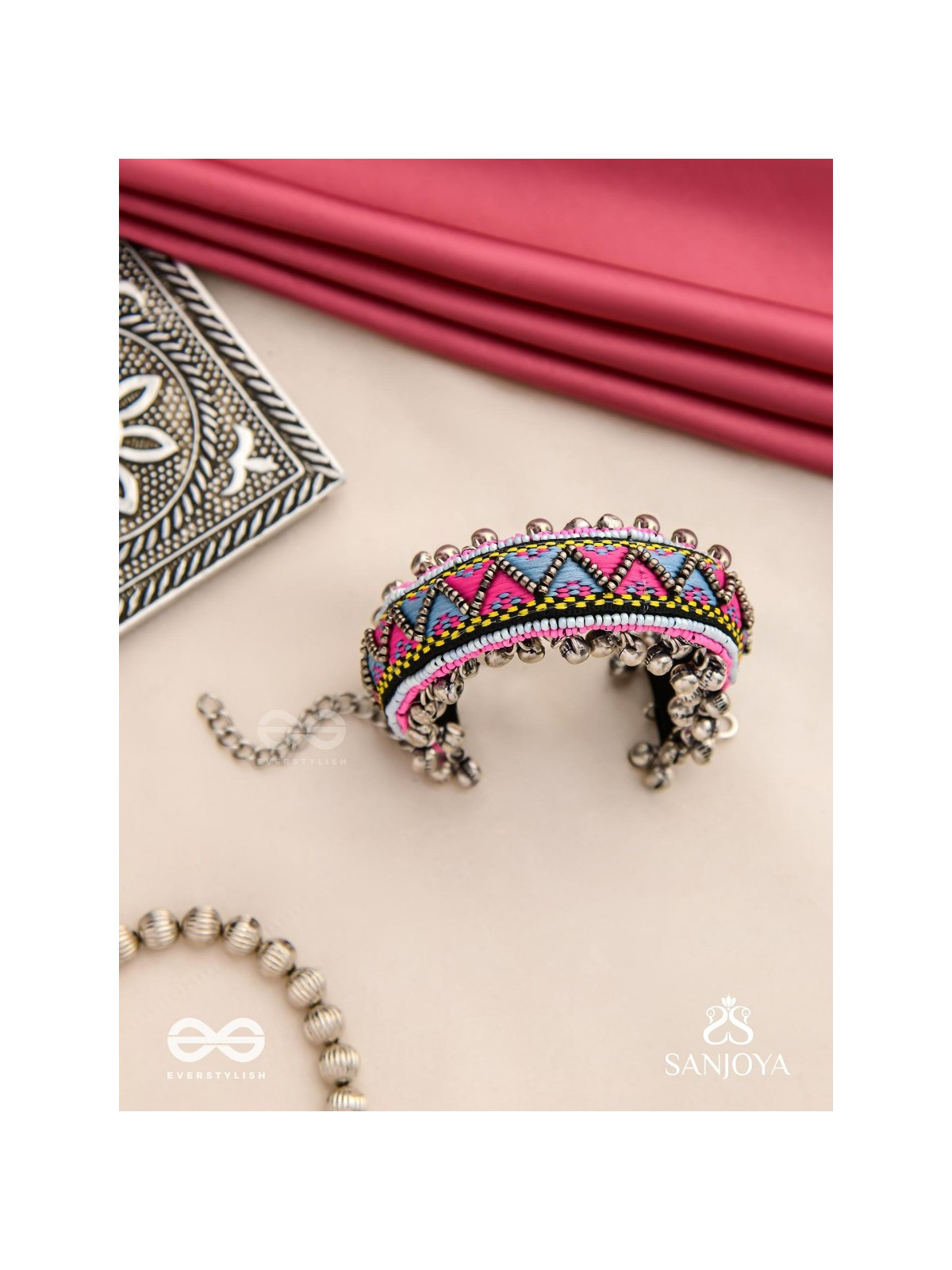 Prashman - The Soothing Landscape - Beads And Resham Hand Embroidered Oxidised Cuff Bracelet
