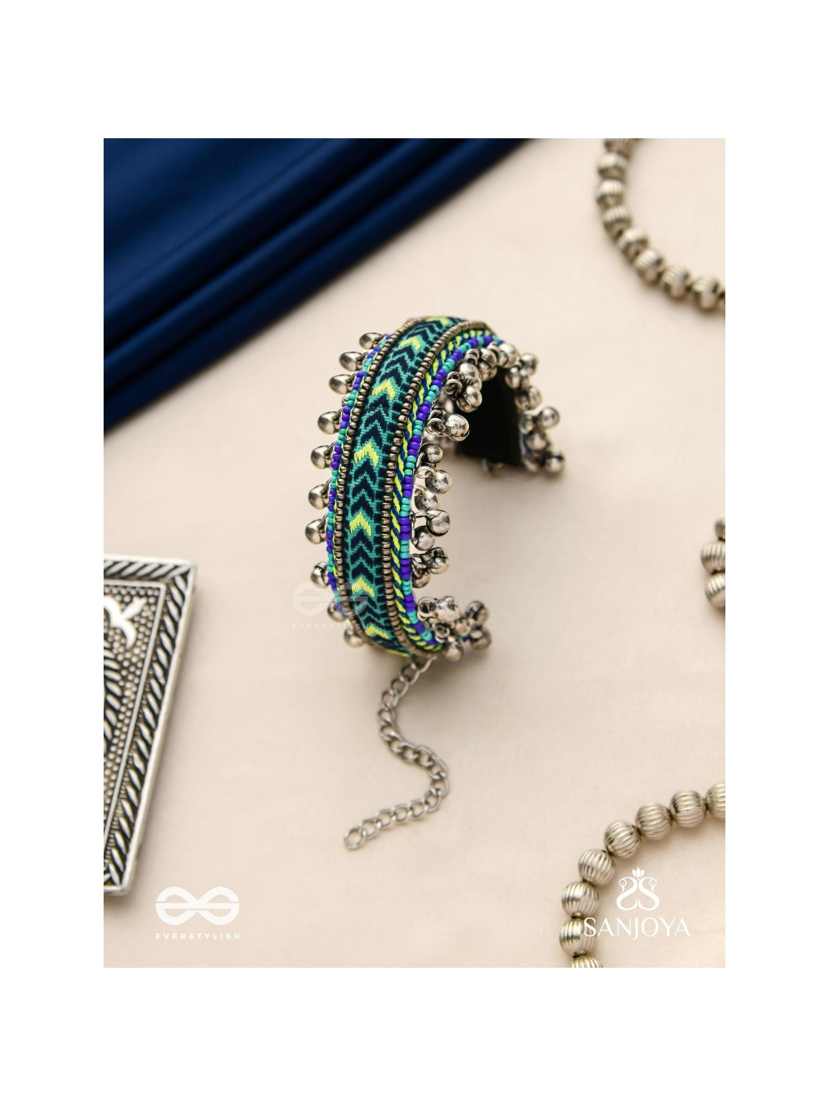 Vedhan - The Oceanic Depths - Resham And Beads Hand Embroidered Oxidised Cuff Bracelet