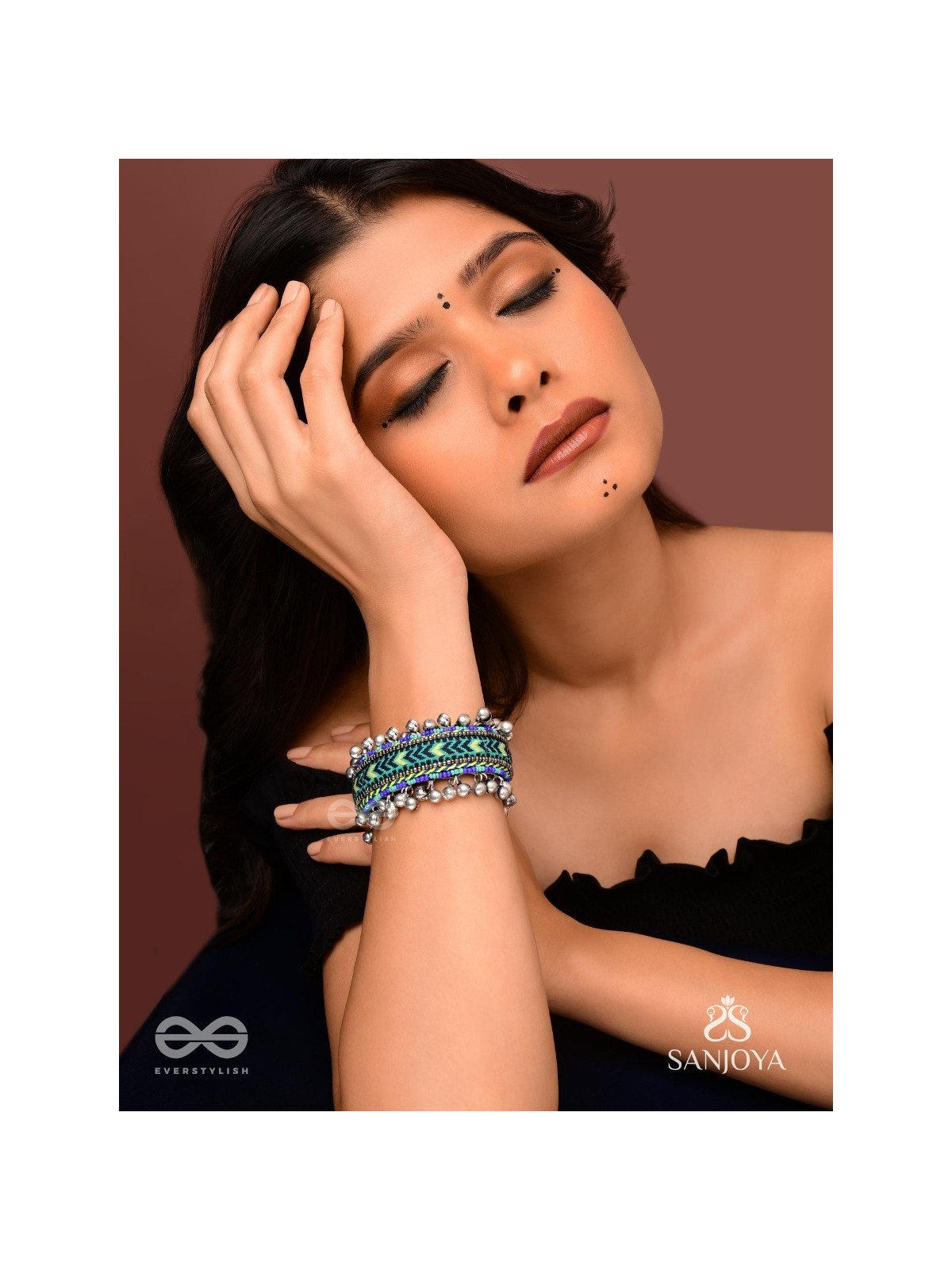 Vedhan - The Oceanic Depths - Resham And Beads Hand Embroidered Oxidised Cuff Bracelet