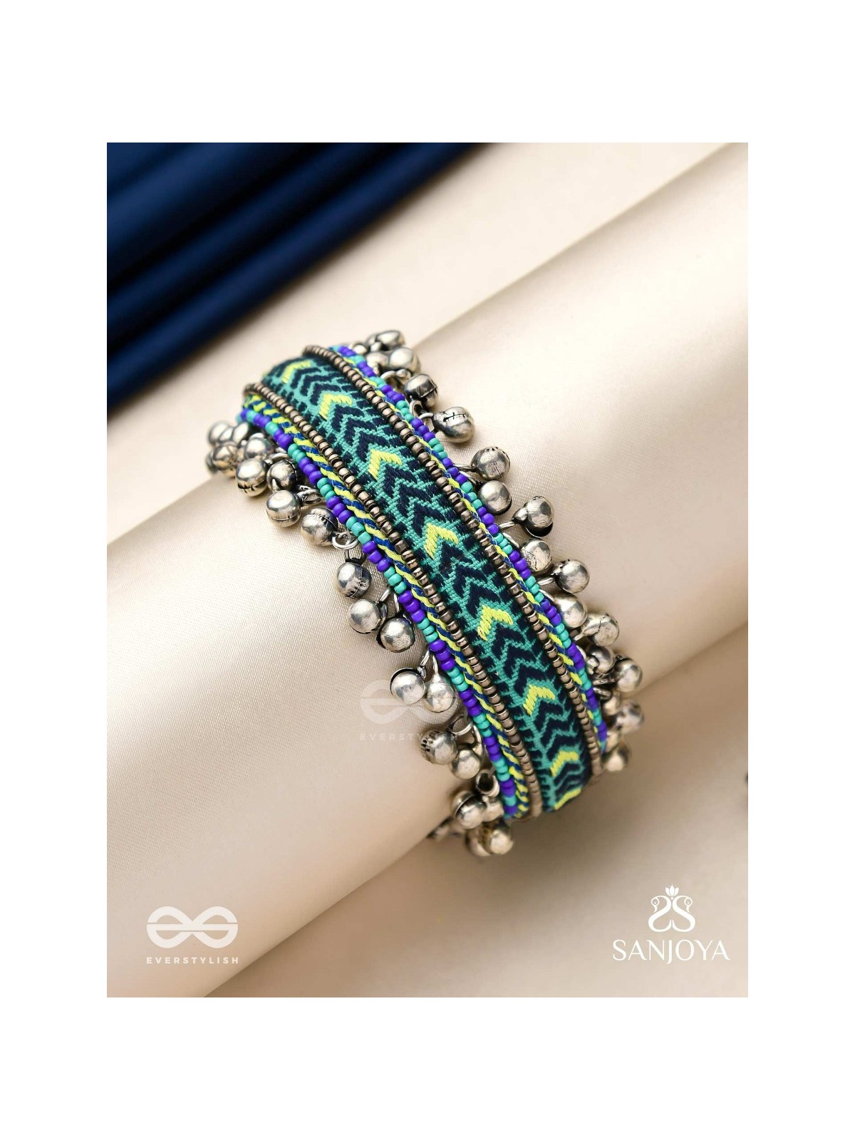 Vedhan - The Oceanic Depths - Resham And Beads Hand Embroidered Oxidised Cuff Bracelet