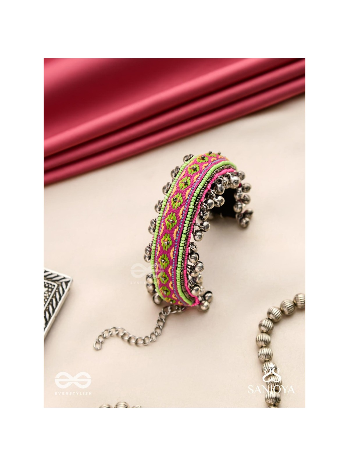 Shinjit - The Pastel Chimes - Resham And Beads Hand Embroidered Oxidised Cuff Bracelet