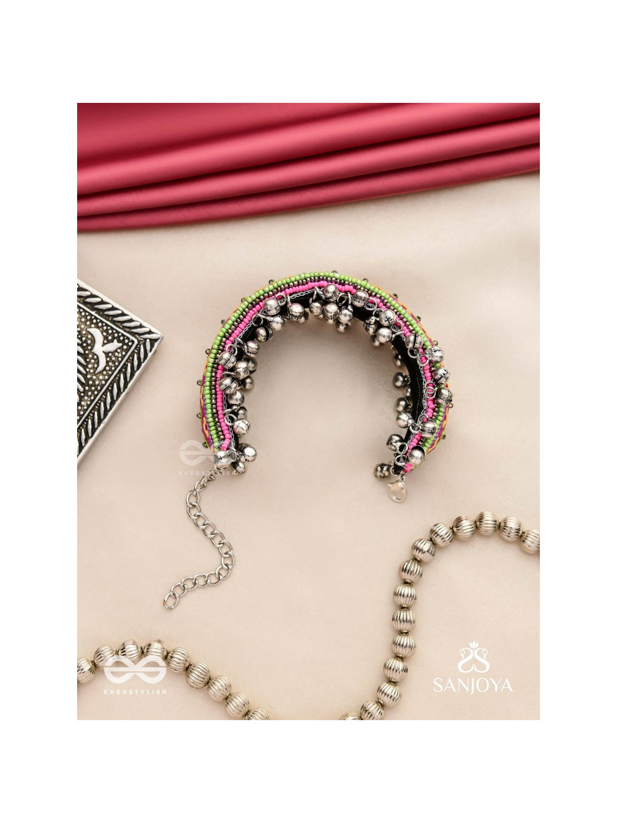 Shinjit - The Pastel Chimes - Resham And Beads Hand Embroidered Oxidised Cuff Bracelet