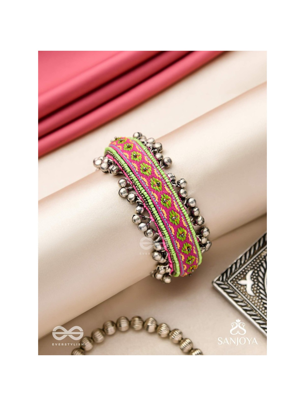 Shinjit - The Pastel Chimes - Resham And Beads Hand Embroidered Oxidised Cuff Bracelet