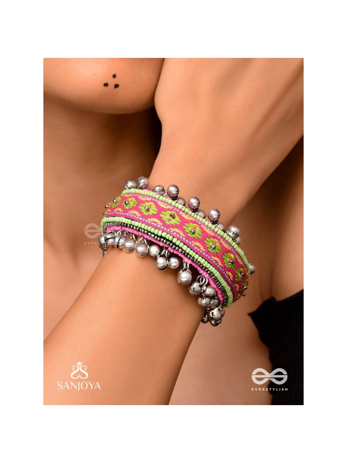 Shinjit - The Pastel Chimes - Resham And Beads Hand Embroidered Oxidised Cuff Bracelet