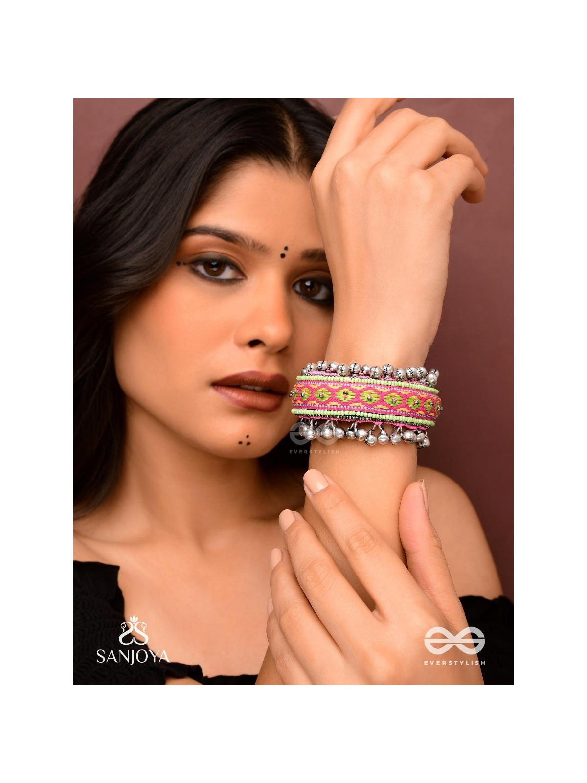 Shinjit - The Pastel Chimes - Resham And Beads Hand Embroidered Oxidised Cuff Bracelet