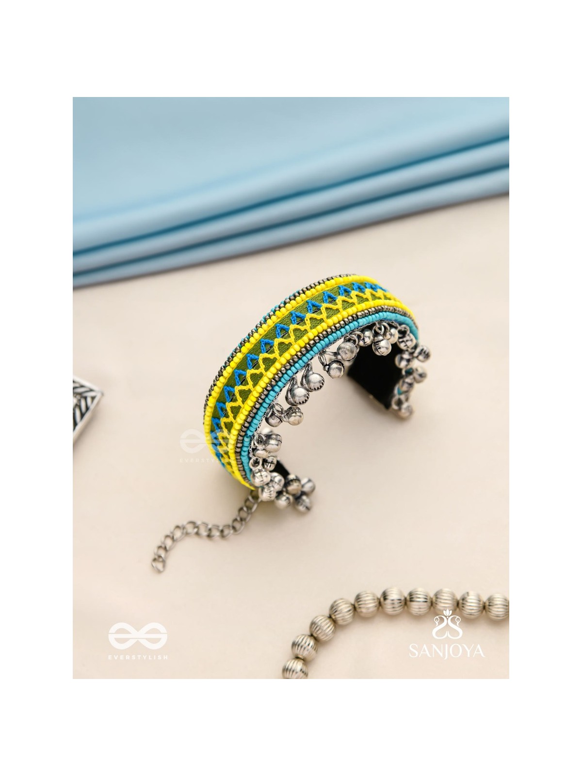 Dhritvan - The Lime Sky - Resham And Beads Hand Embroidered Oxidised Cuff Bracelet