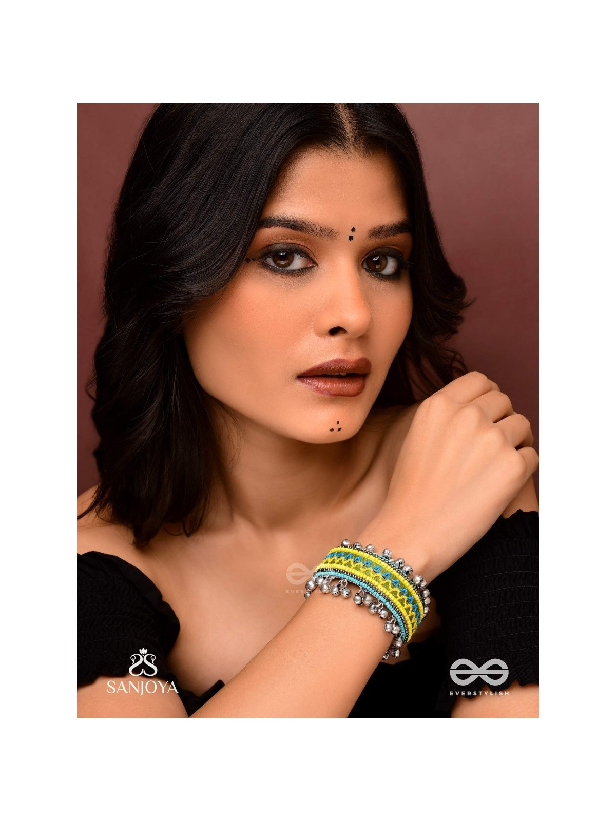 Dhritvan - The Lime Sky - Resham And Beads Hand Embroidered Oxidised Cuff Bracelet