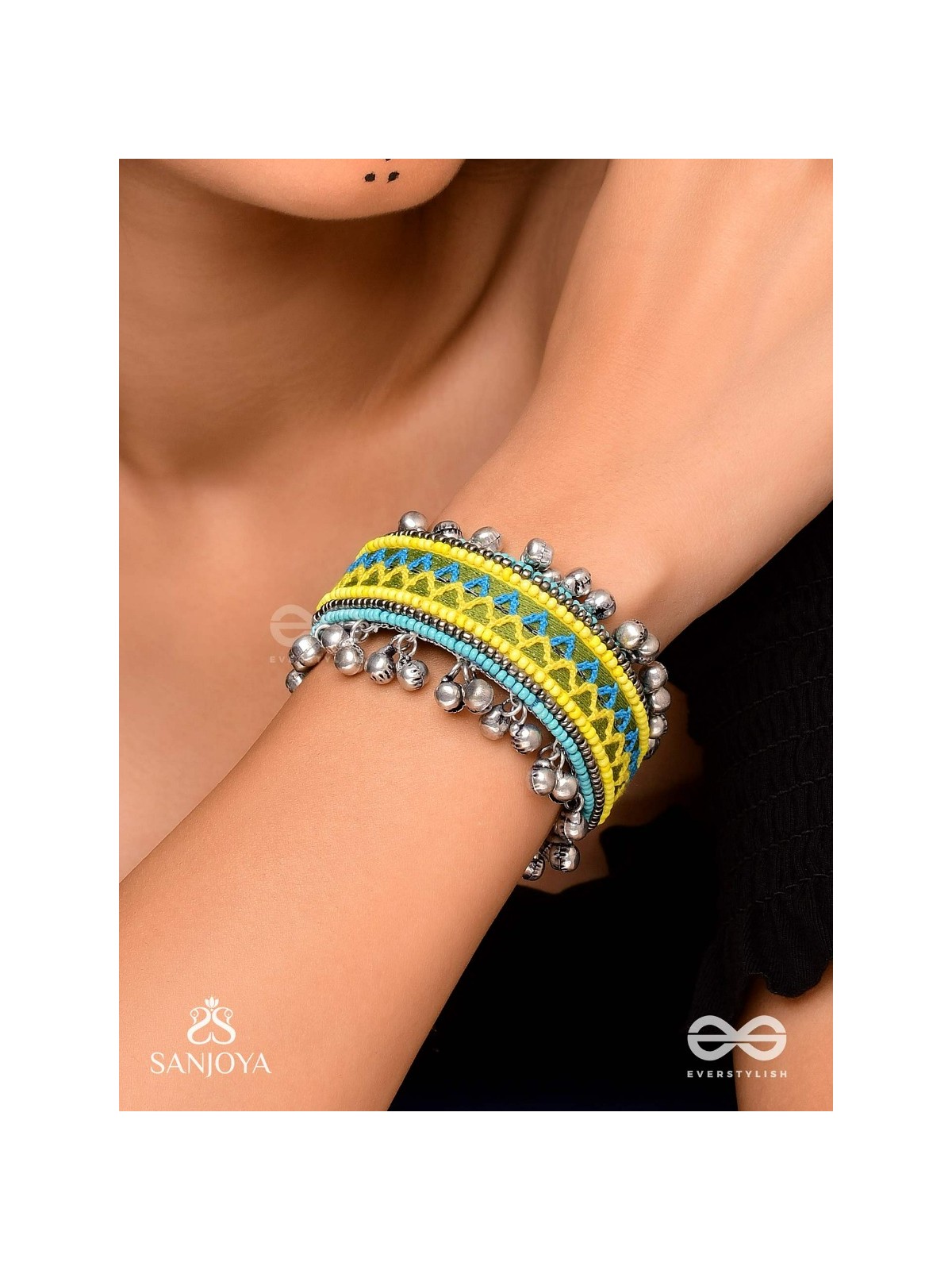 Dhritvan - The Lime Sky - Resham And Beads Hand Embroidered Oxidised Cuff Bracelet