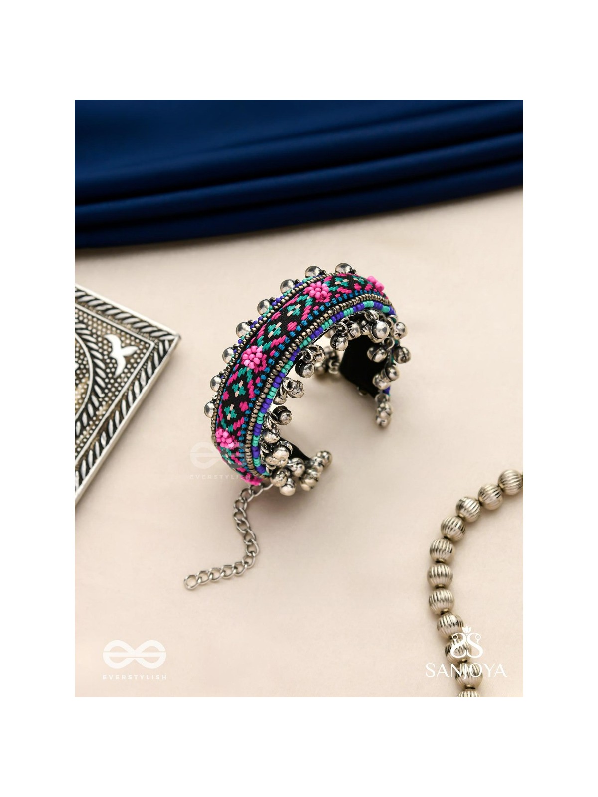 Ragapushpi - The Rosy Night - Resham And Beads Hand Embroidered Oxidised Cuff Bracelet