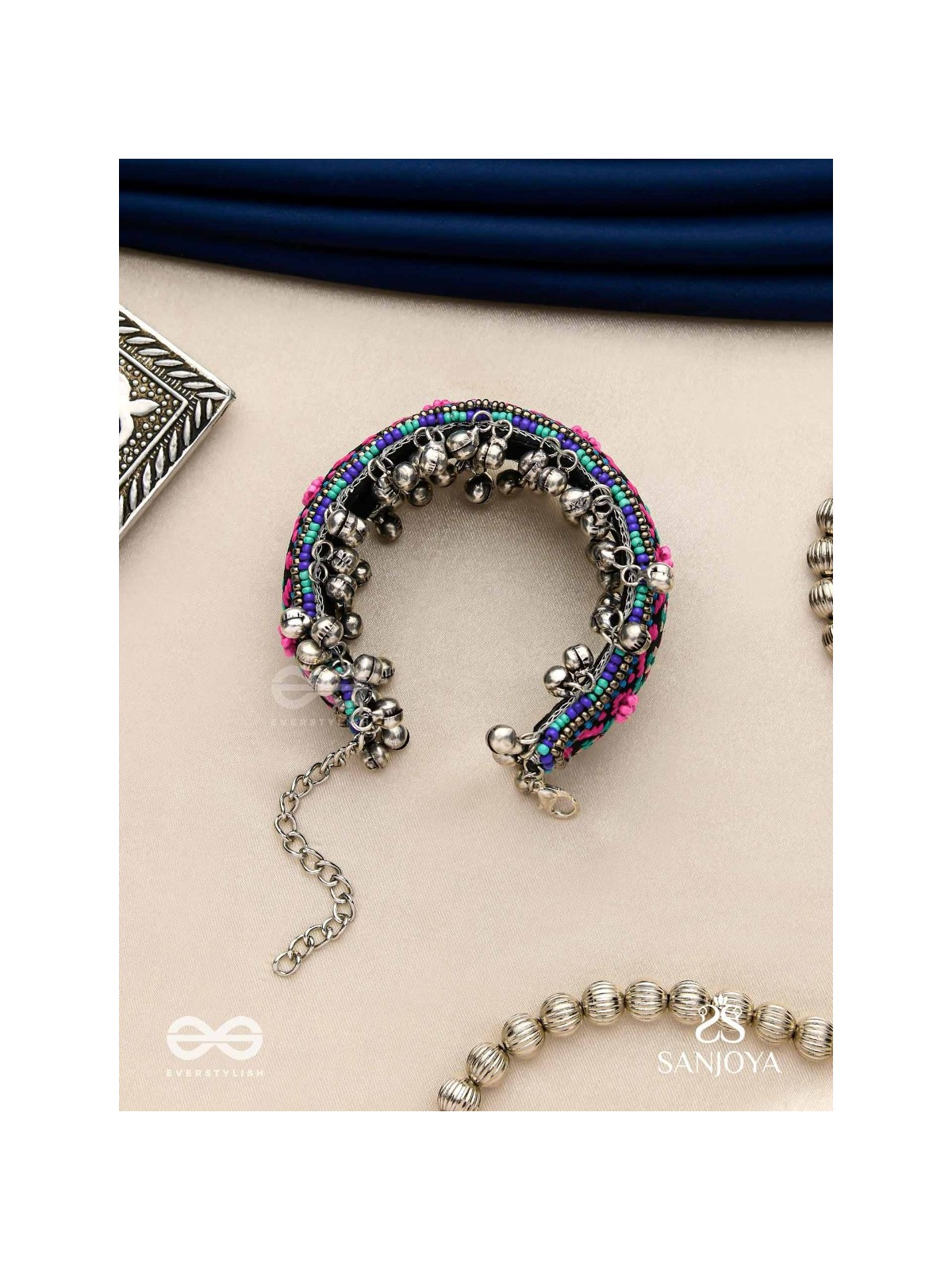 Ragapushpi - The Rosy Night - Resham And Beads Hand Embroidered Oxidised Cuff Bracelet