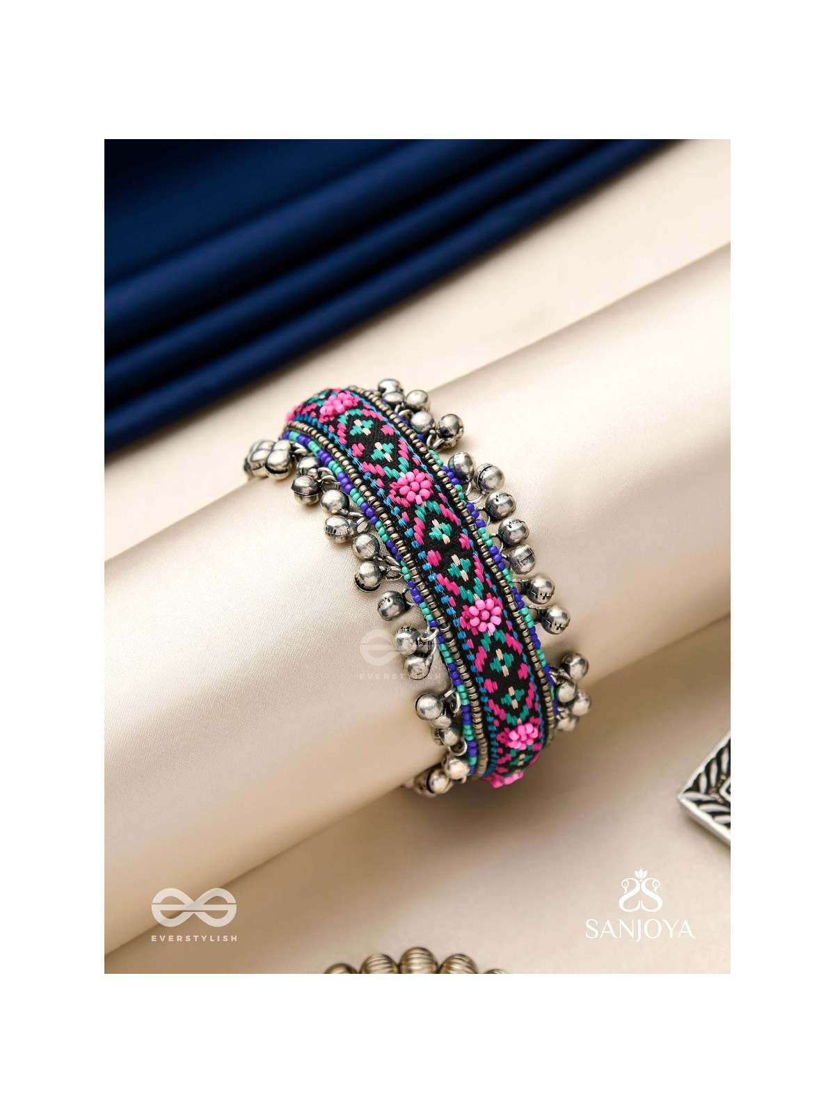 Ragapushpi - The Rosy Night - Resham And Beads Hand Embroidered Oxidised Cuff Bracelet