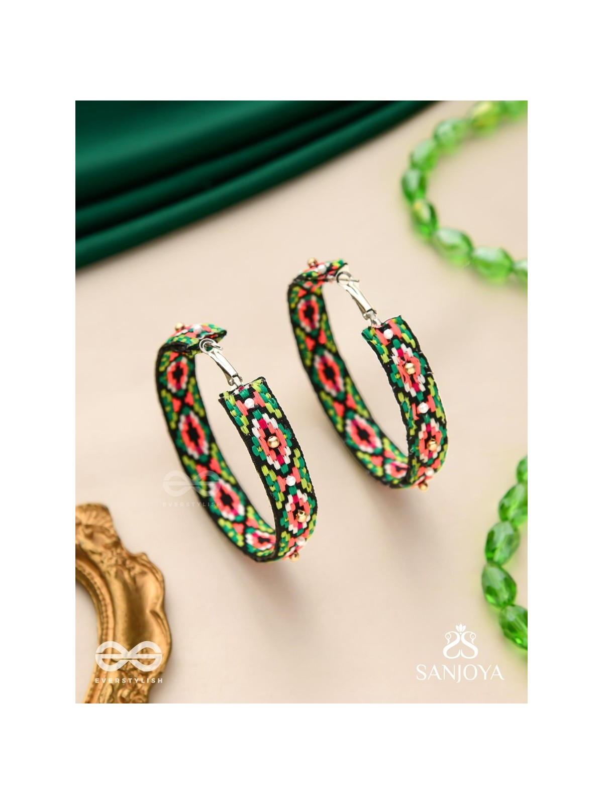 Kshitvari - The Lively Garden - Resham And Beads Hand Embroidered Hoop Earrings