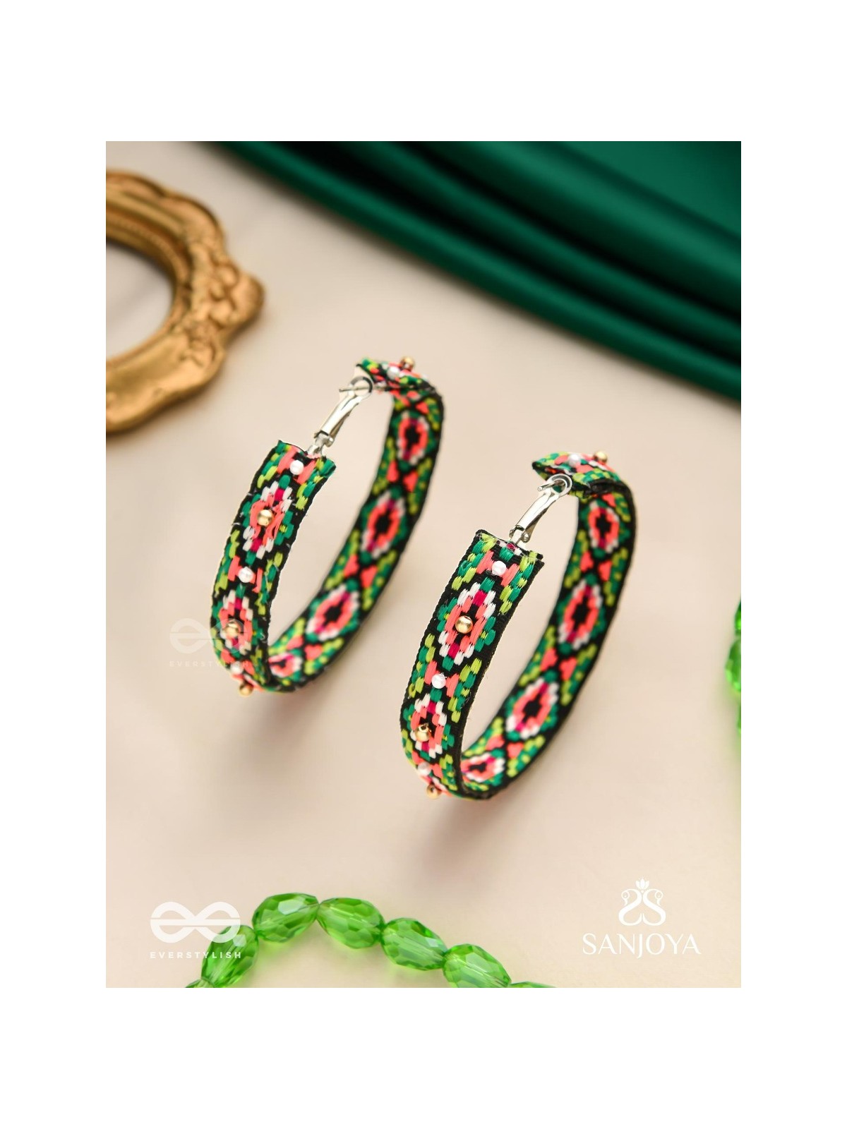 Kshitvari - The Lively Garden - Resham And Beads Hand Embroidered Hoop Earrings
