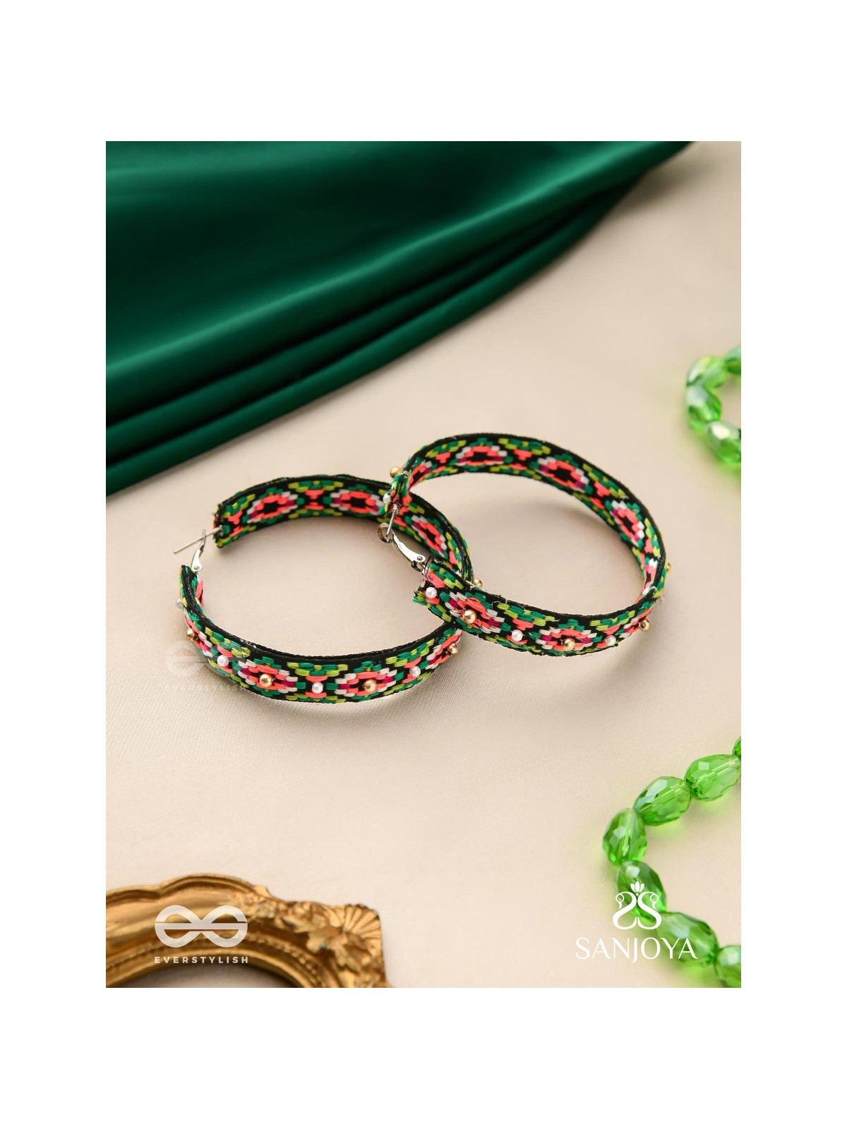 Kshitvari - The Lively Garden - Resham And Beads Hand Embroidered Hoop Earrings