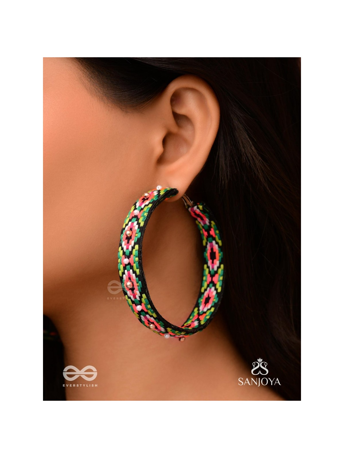 Kshitvari - The Lively Garden - Resham And Beads Hand Embroidered Hoop Earrings