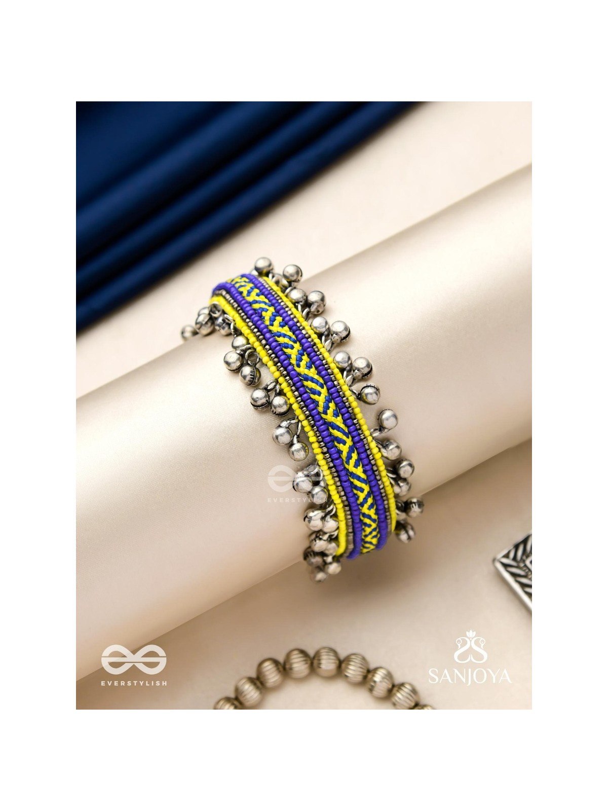 Vidhatrayus - The Sunflower Meadows - Beaded Hand Embroidered Oxidised Cuff Bracelet