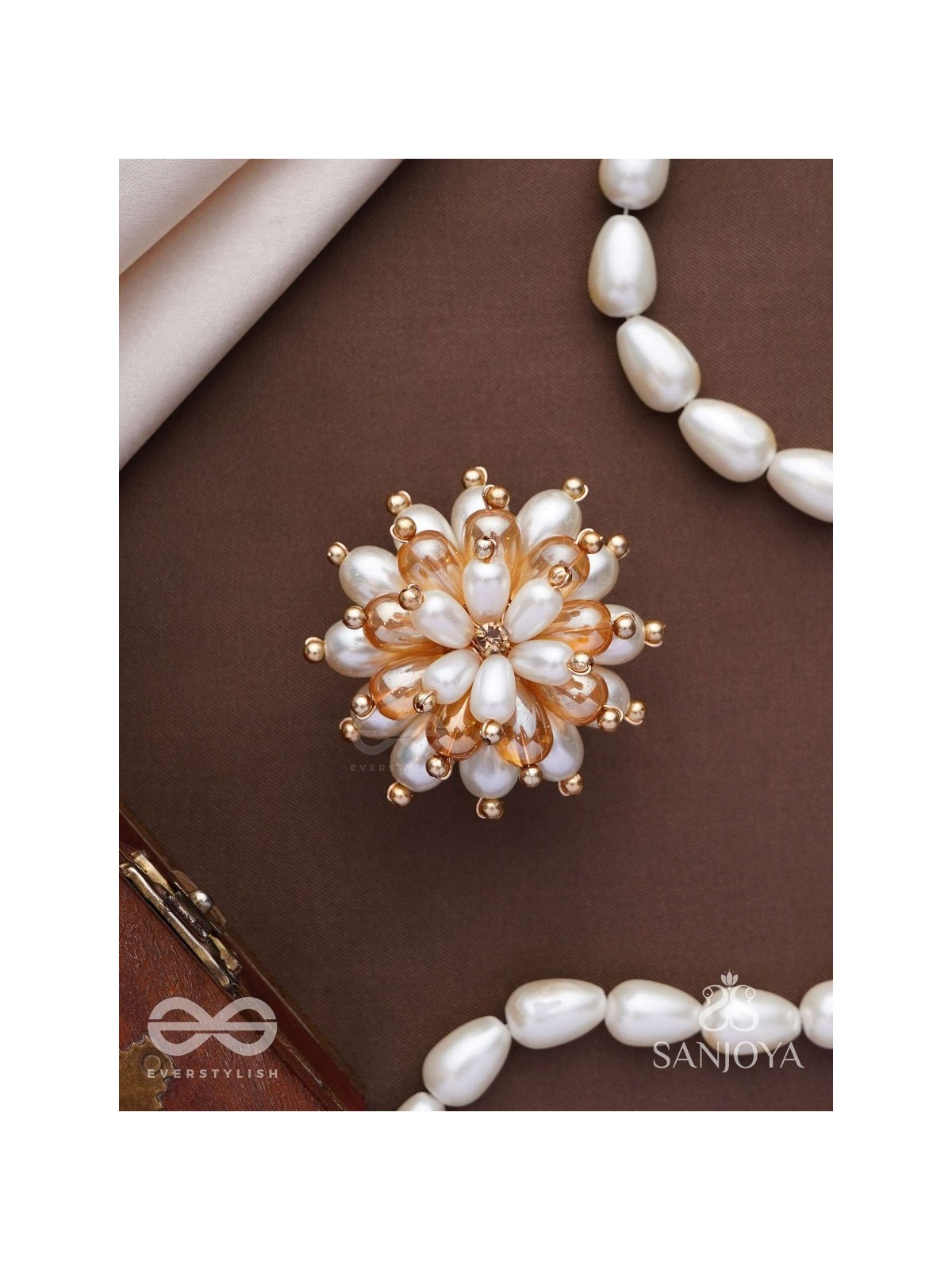 Svapnakalka - The Ivory Dream - Beads, Pearl And Glass Drops Hand Embroidered Ring (Adjustable)