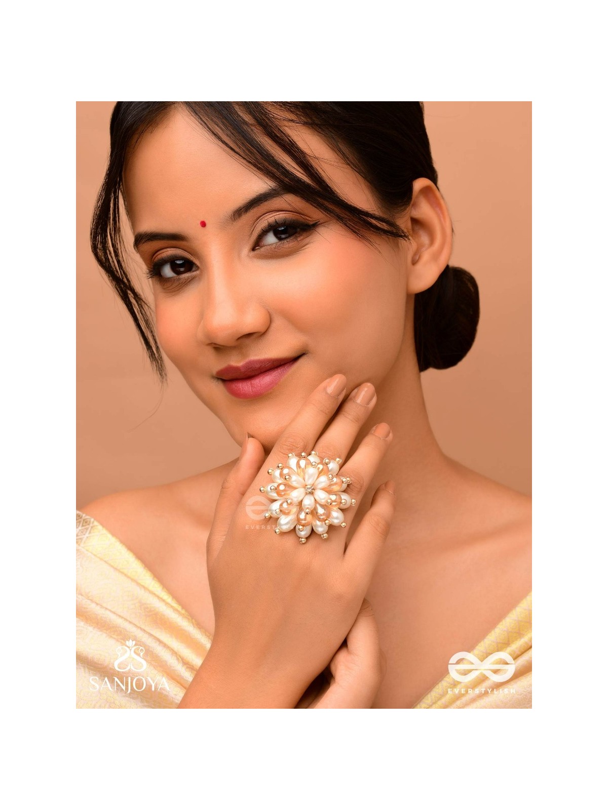 Svapnakalka - The Ivory Dream - Beads, Pearl And Glass Drops Hand Embroidered Ring (Adjustable)