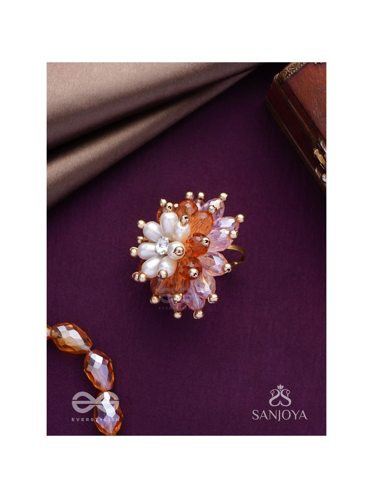 Sharadgat - The Autumn Magic - Beads, Pearl And Glass Drops Hand Embroidered Ring (Adjustable)