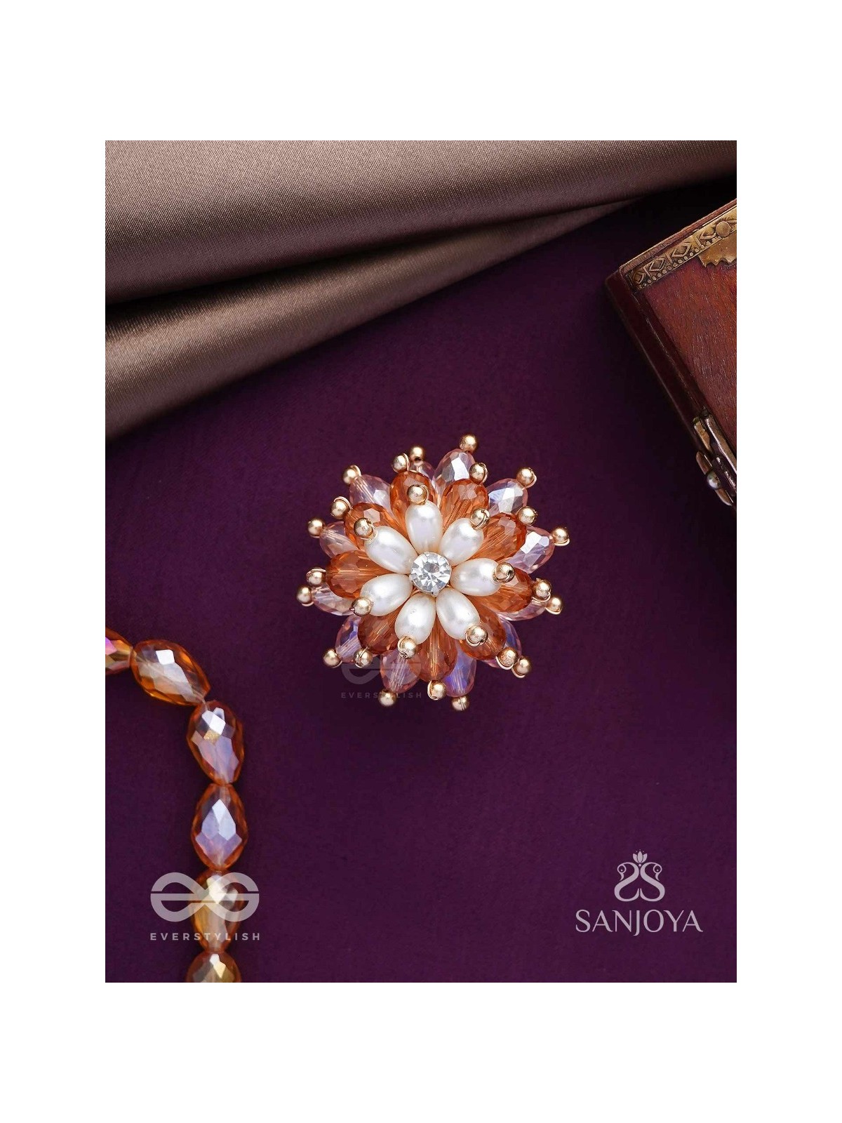 Sharadgat - The Autumn Magic - Beads, Pearl And Glass Drops Hand Embroidered Ring (Adjustable)