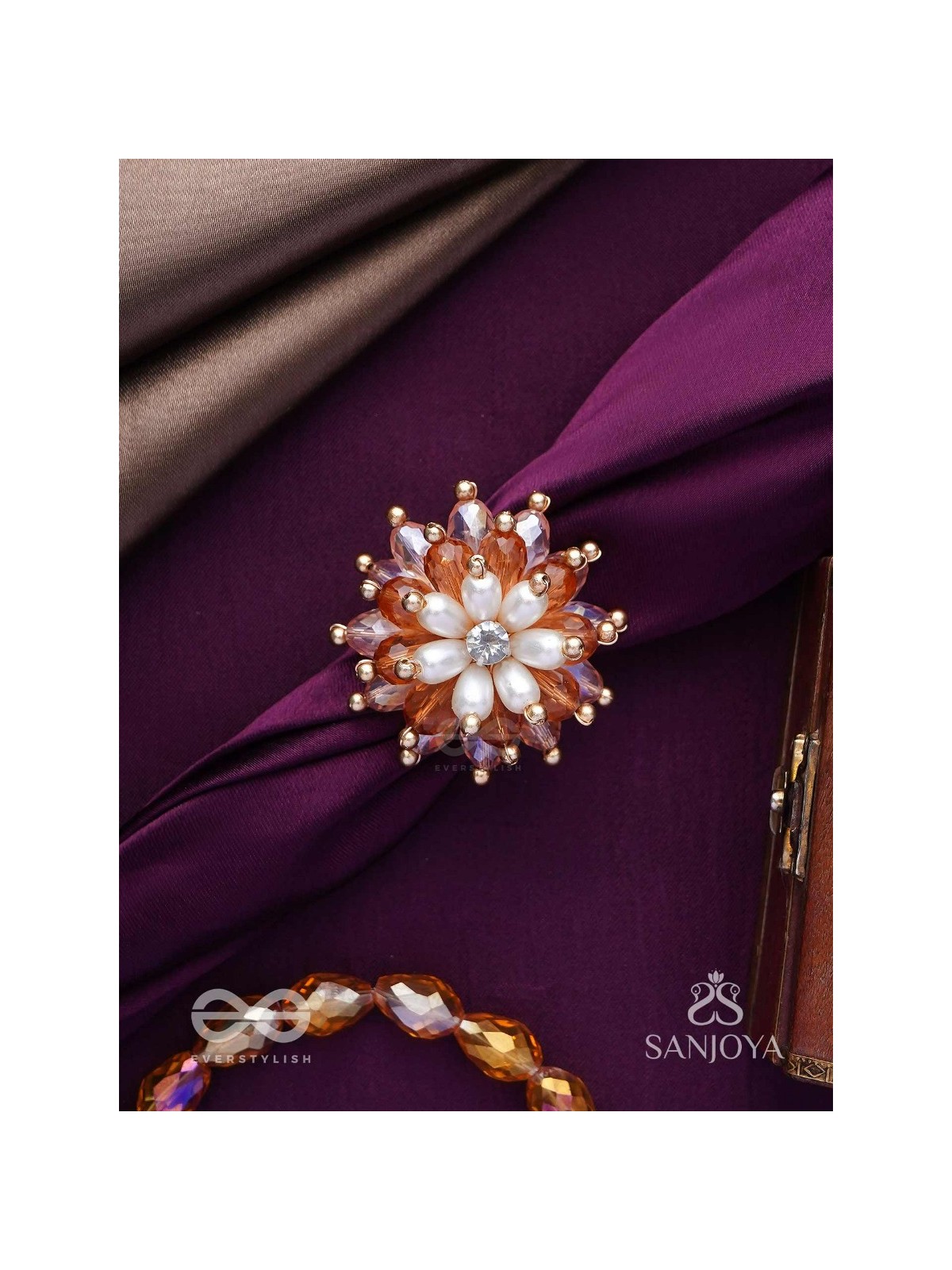 Sharadgat - The Autumn Magic - Beads, Pearl And Glass Drops Hand Embroidered Ring (Adjustable)