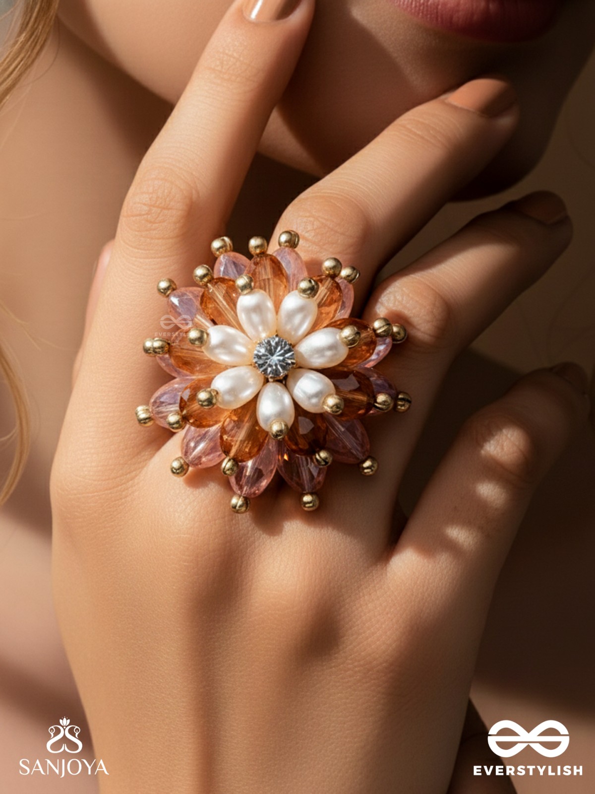 Sharadgat - The Autumn Magic - Beads, Pearl And Glass Drops Hand Embroidered Ring (Adjustable)