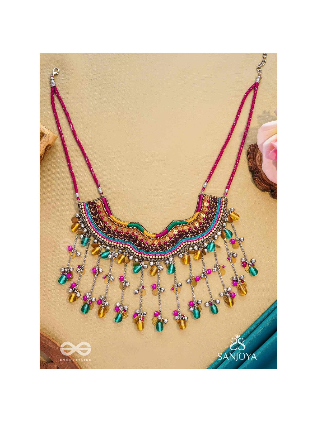 Vadya - The Umber Rhythm - Beads, Coins, Resham And Glass Drops Hand Embroidered Neckpiece