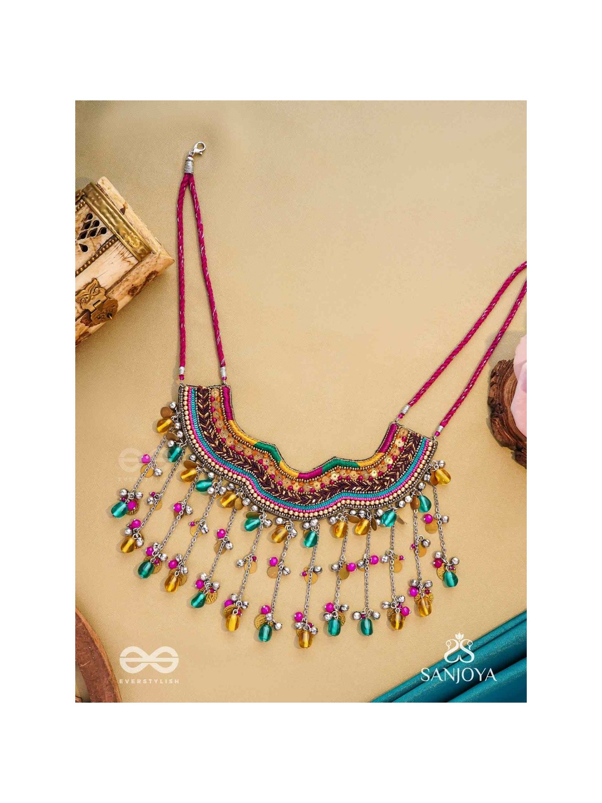 Vadya - The Umber Rhythm - Beads, Coins, Resham And Glass Drops Hand Embroidered Neckpiece