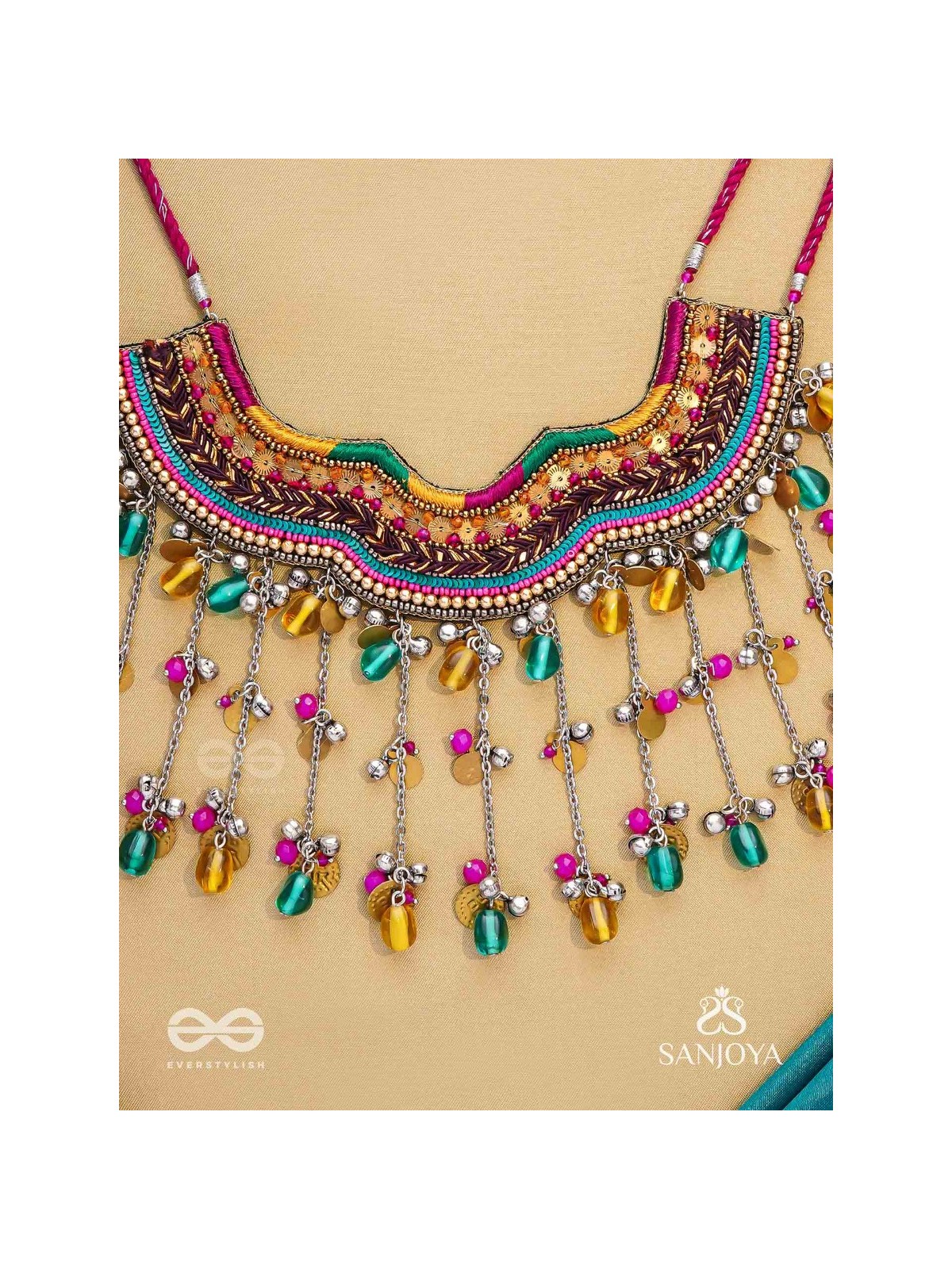 Vadya - The Umber Rhythm - Beads, Coins, Resham And Glass Drops Hand Embroidered Neckpiece