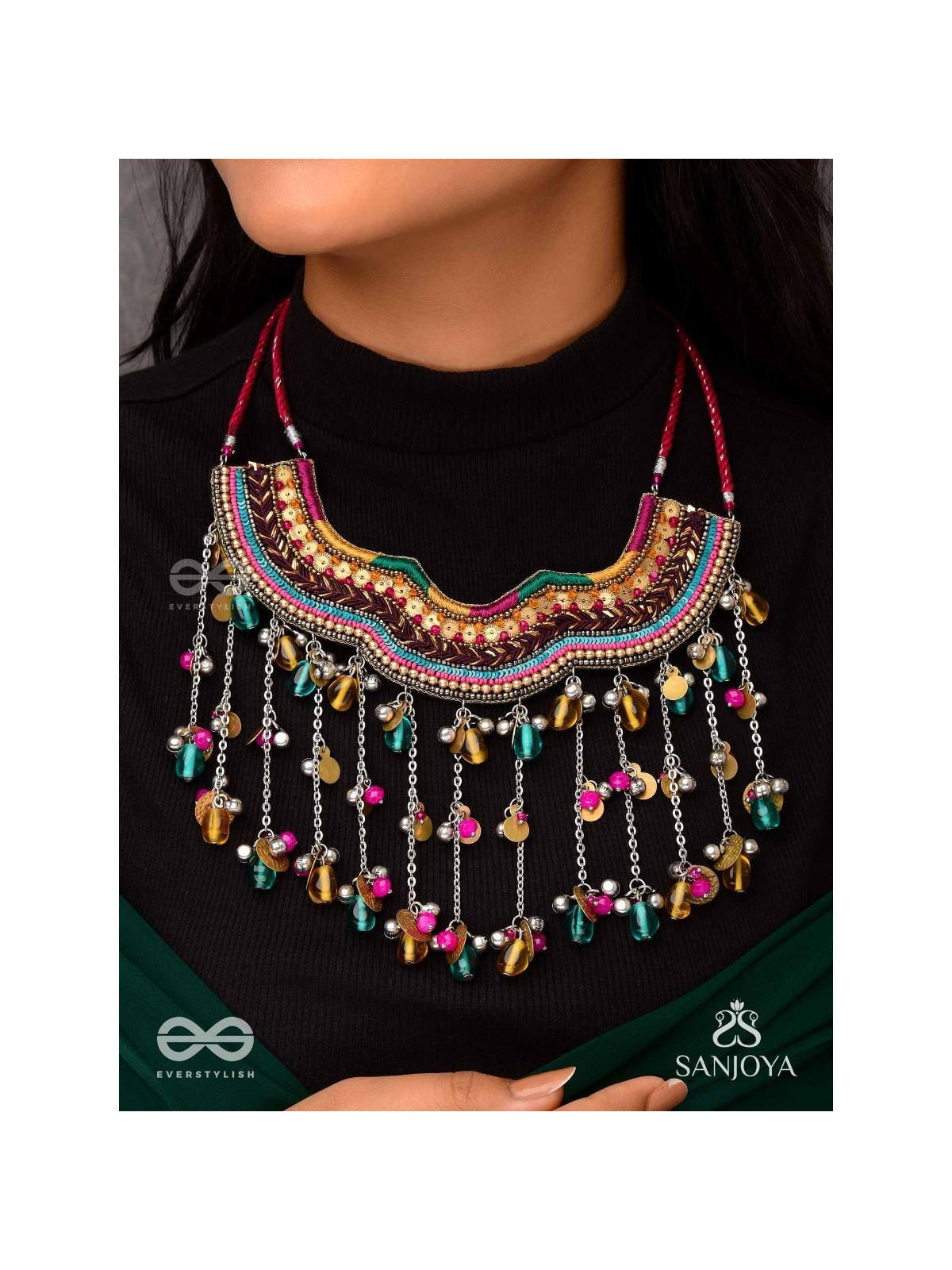Vadya - The Umber Rhythm - Beads, Coins, Resham And Glass Drops Hand Embroidered Neckpiece