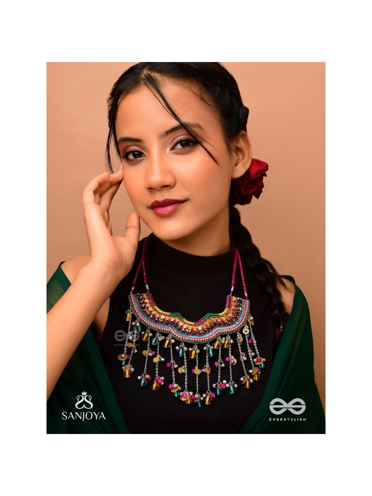 Vadya - The Umber Rhythm - Beads, Coins, Resham And Glass Drops Hand Embroidered Neckpiece