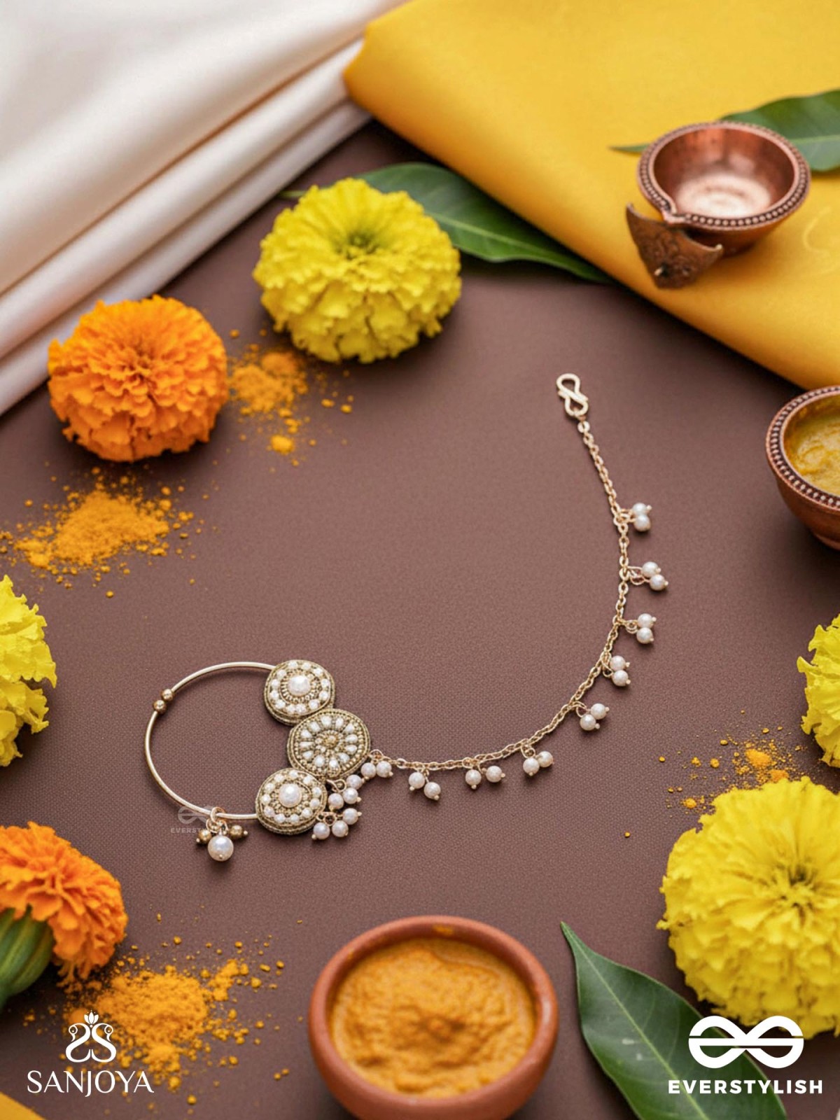 Haimavat - The Pearl Trail - Pearls And Beads Hand Embroidered Nath (Non-Piercing)