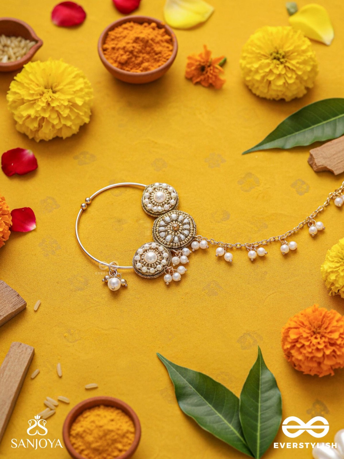 Haimavat - The Pearl Trail - Pearls And Beads Hand Embroidered Nath (Non-Piercing)