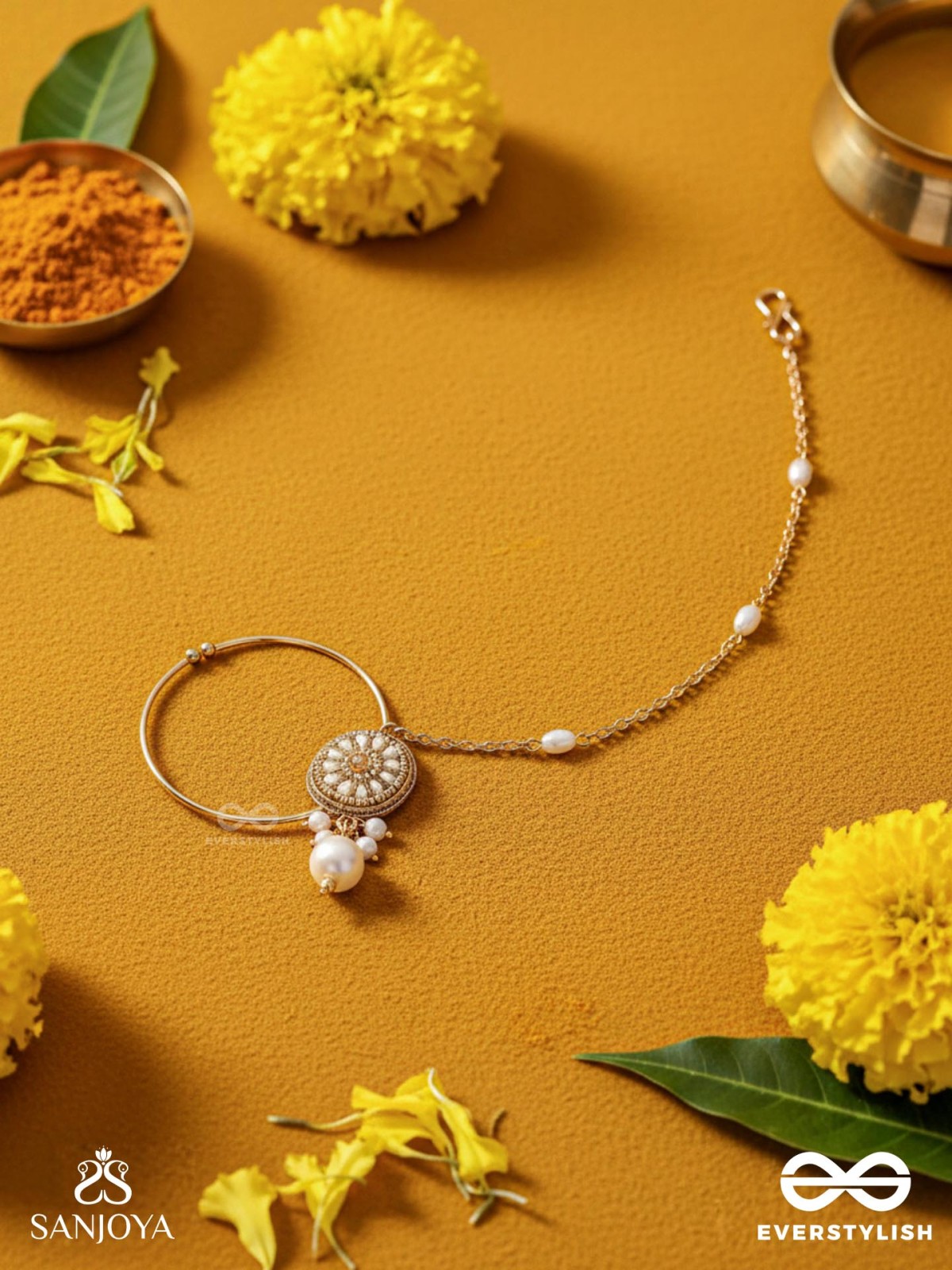 Vimrigvan - The Pristine Charm - Pearls And Beads Hand Embroidered Nath (Non-Piercing)