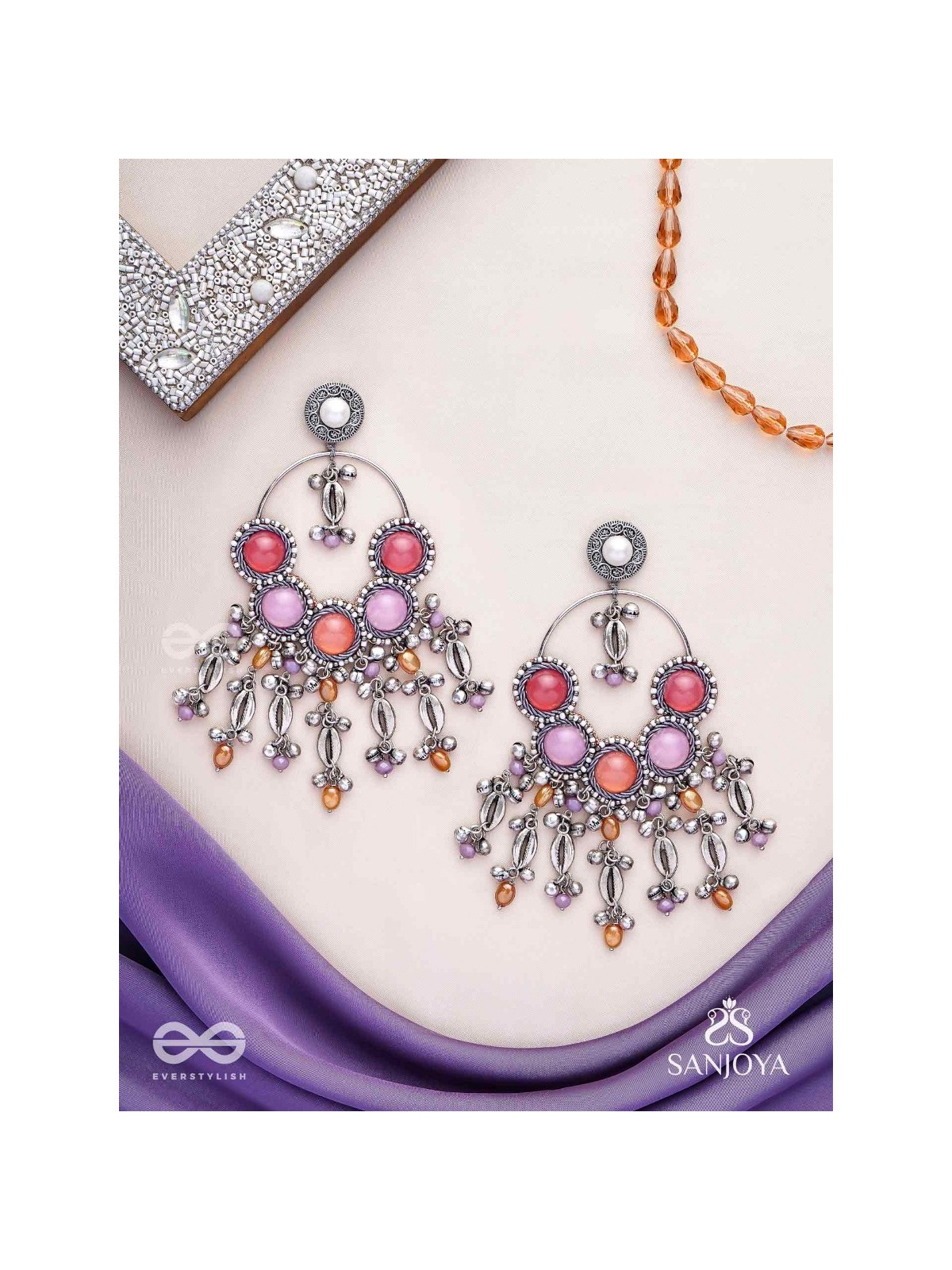 Durvarna - The Silvery Chimes - Beads, Shells And Glass Drops Hand Embroidered Earrings