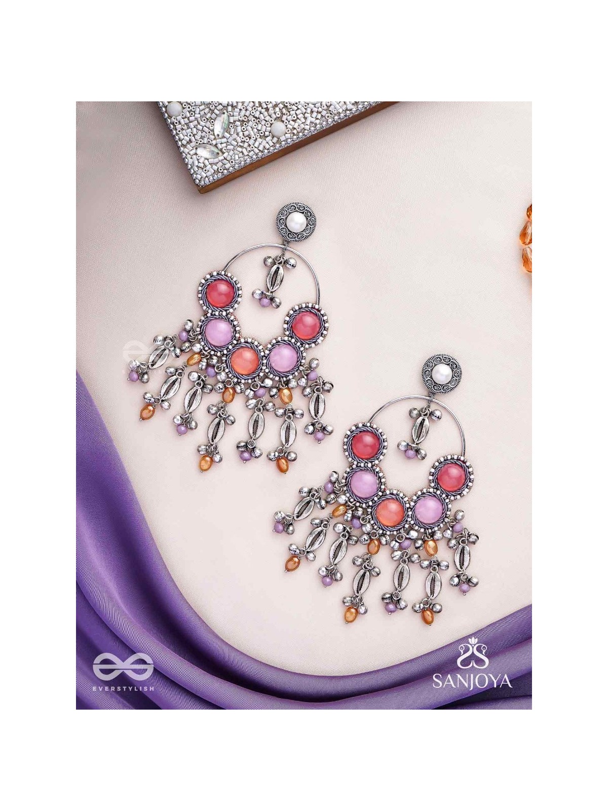 Durvarna - The Silvery Chimes - Beads, Shells And Glass Drops Hand Embroidered Earrings