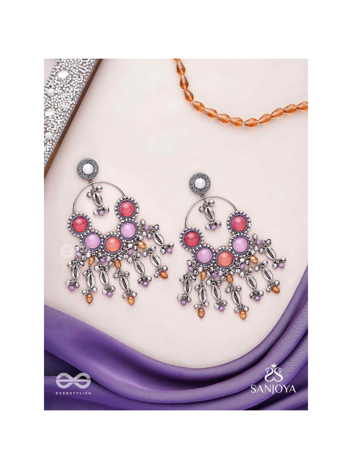 Durvarna - The Silvery Chimes - Beads, Shells And Glass Drops Hand Embroidered Earrings