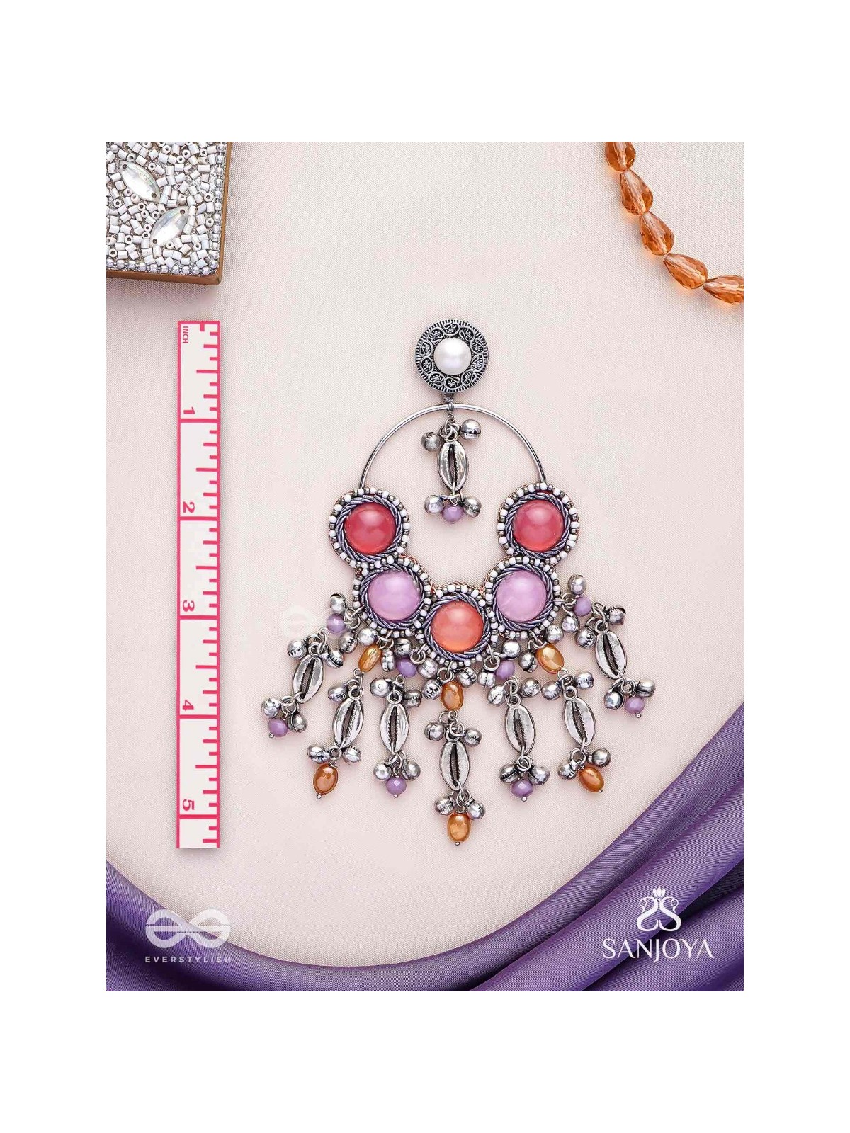 Durvarna - The Silvery Chimes - Beads, Shells And Glass Drops Hand Embroidered Earrings