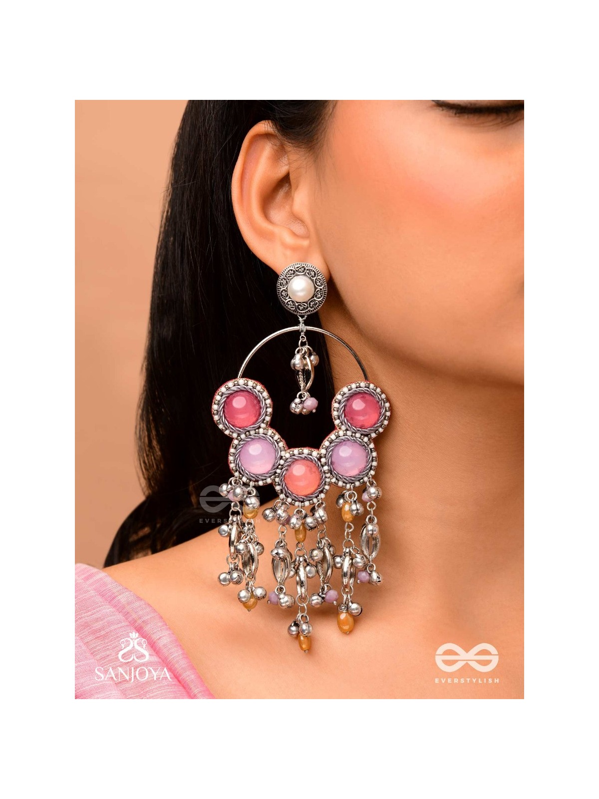 Durvarna - The Silvery Chimes - Beads, Shells And Glass Drops Hand Embroidered Earrings
