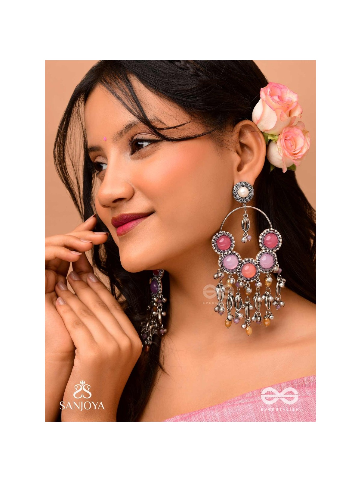 Durvarna - The Silvery Chimes - Beads, Shells And Glass Drops Hand Embroidered Earrings