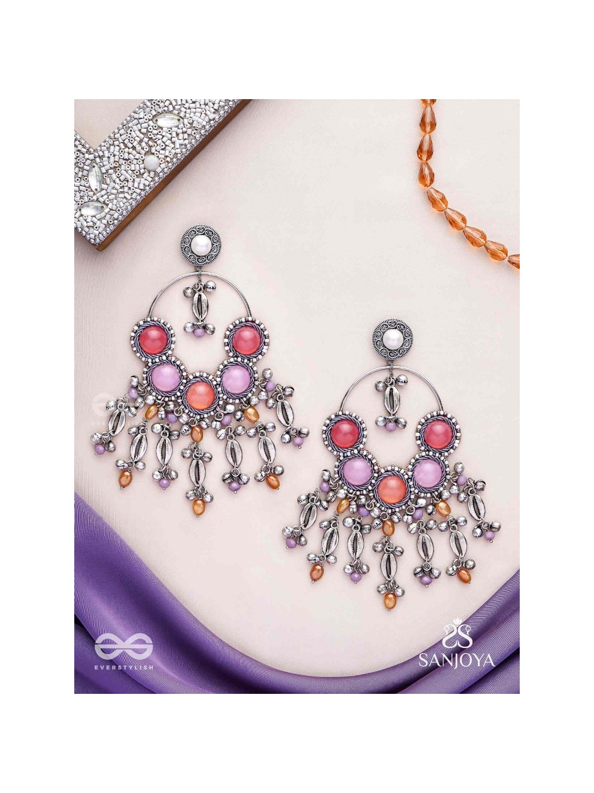 Durvarna - The Silvery Chimes - Beads, Shells And Glass Drops Hand Embroidered Earrings