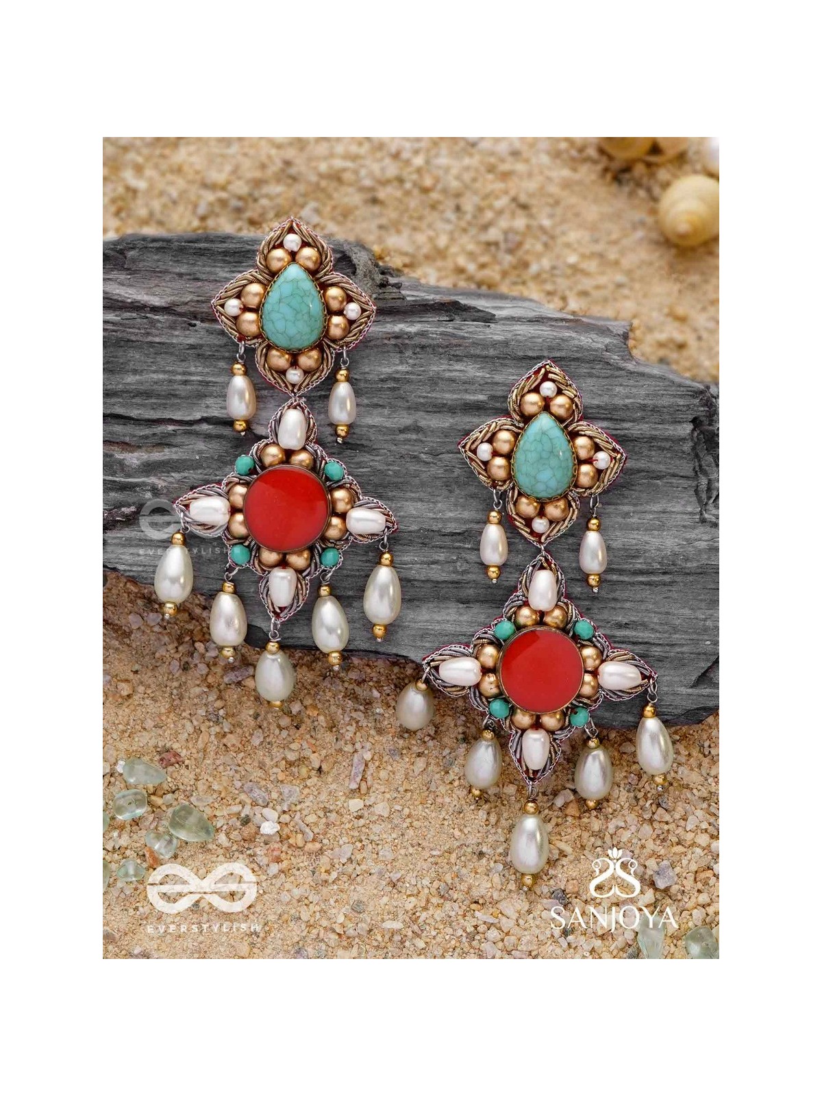 Kusumvat - The Blissful Flowers - Beads, Dabka And Pearl Drops Hand Embroidered Earrings