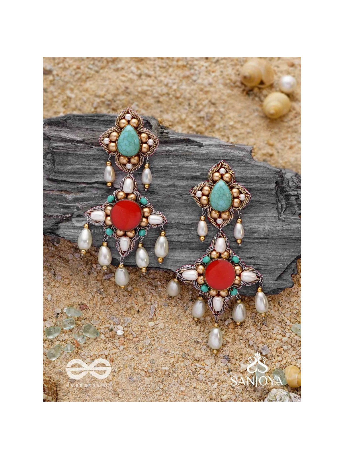 Kusumvat - The Blissful Flowers - Beads, Dabka And Pearl Drops Hand Embroidered Earrings