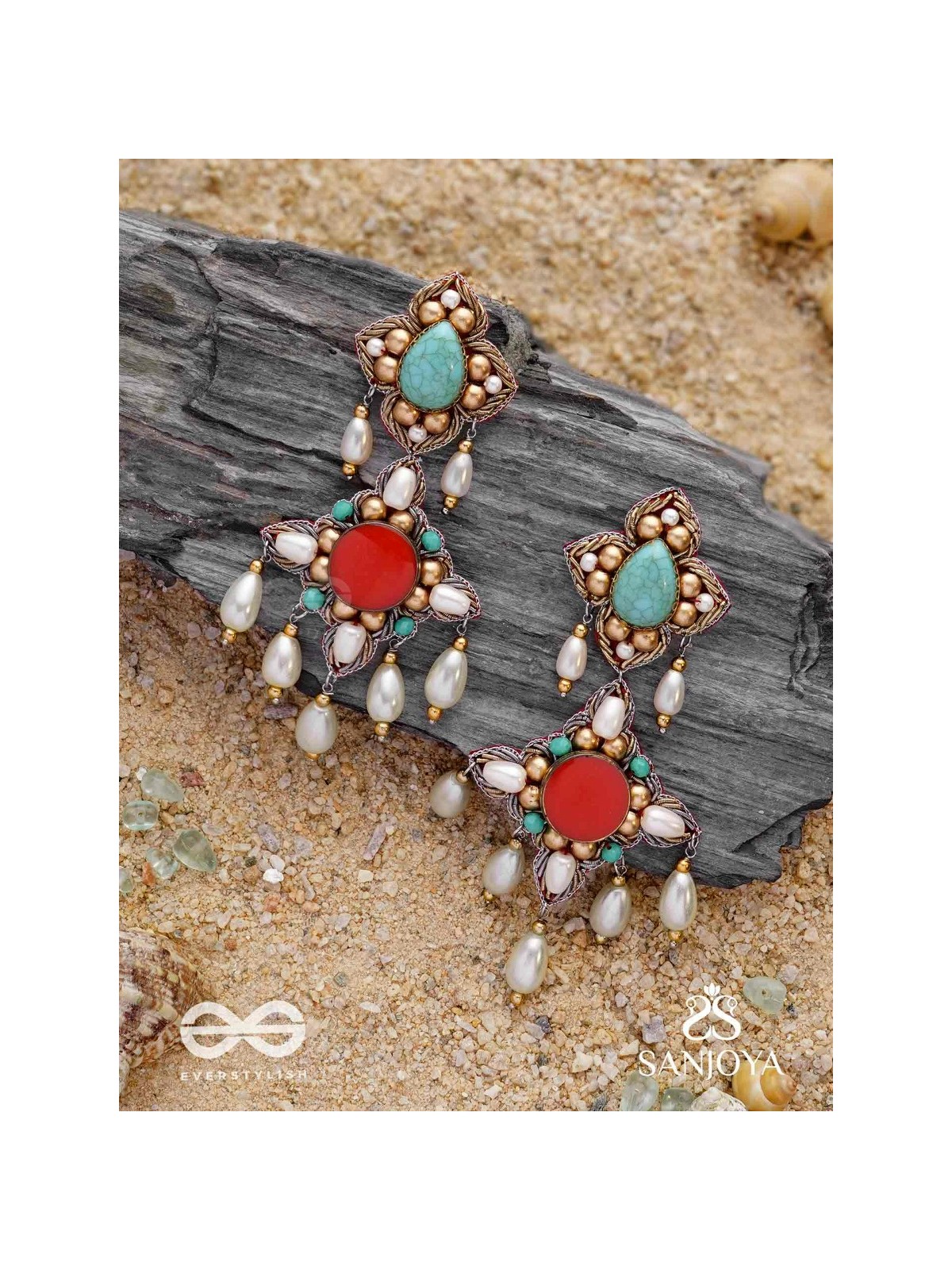 Kusumvat - The Blissful Flowers - Beads, Dabka And Pearl Drops Hand Embroidered Earrings