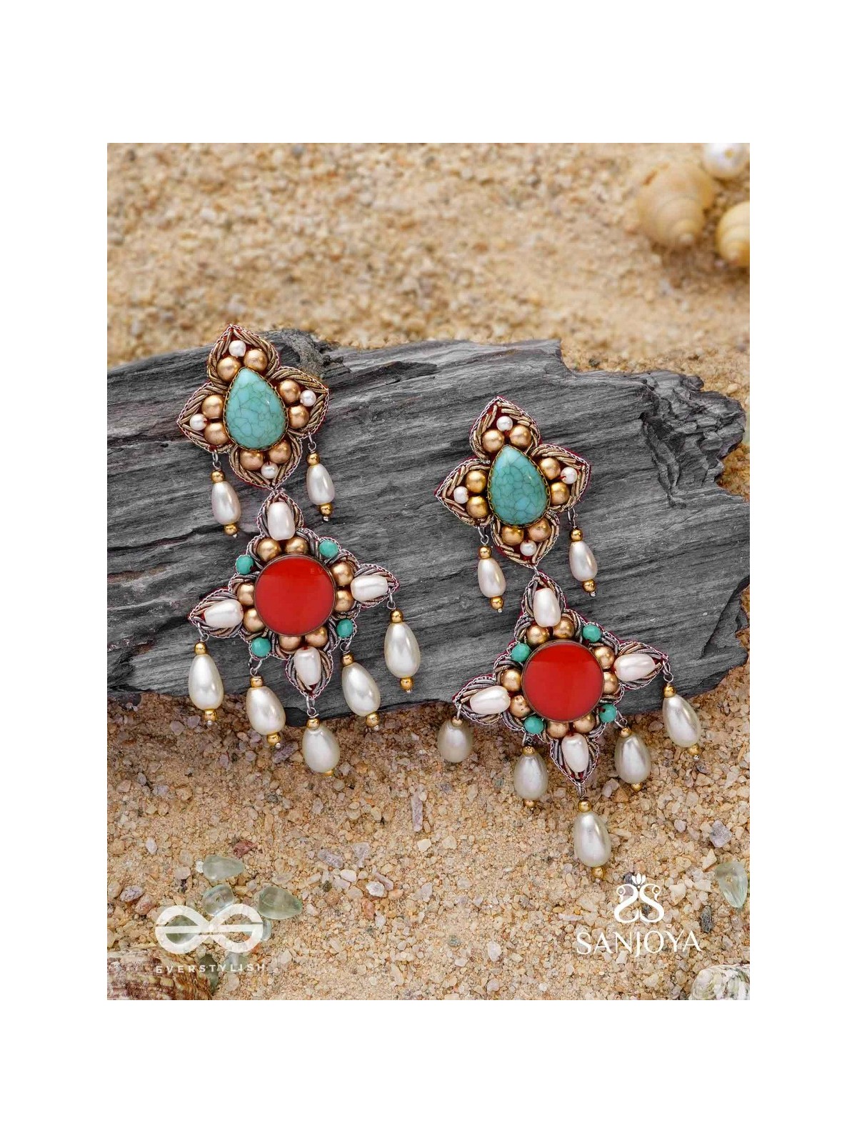 Kusumvat - The Blissful Flowers - Beads, Dabka And Pearl Drops Hand Embroidered Earrings