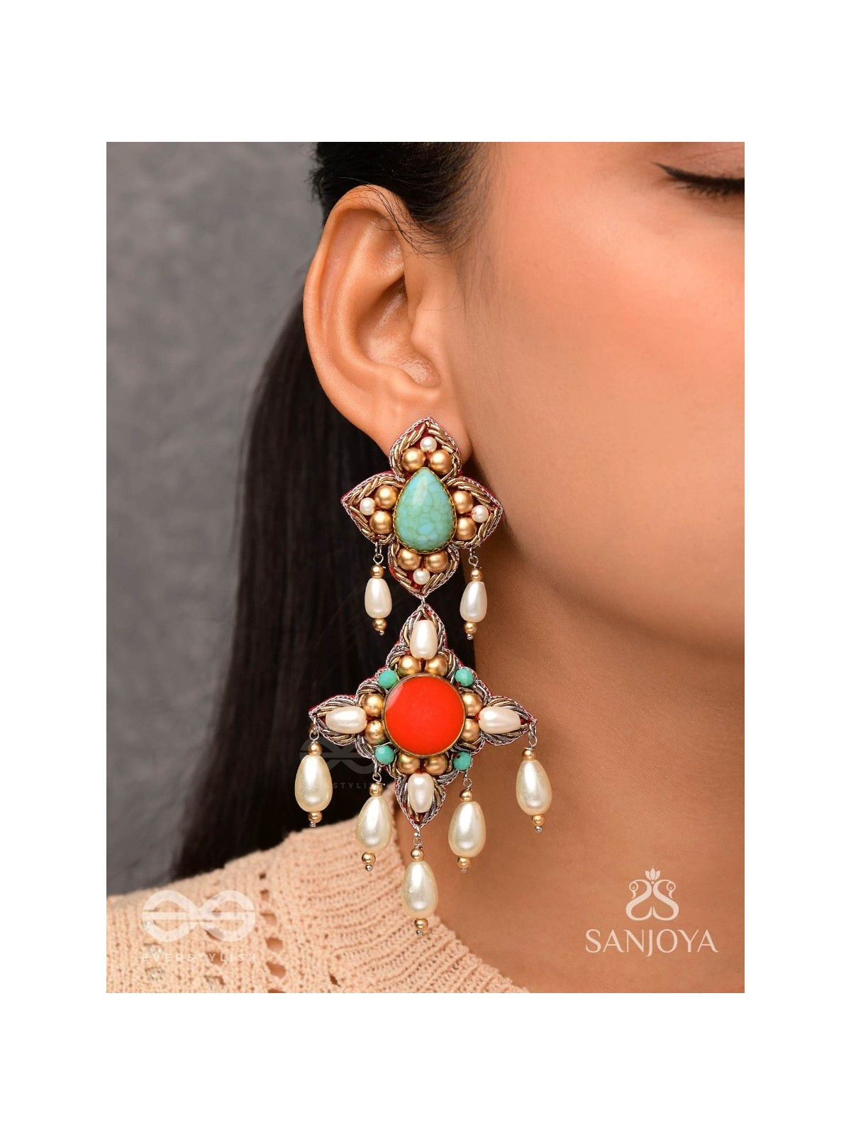 Kusumvat - The Blissful Flowers - Beads, Dabka And Pearl Drops Hand Embroidered Earrings