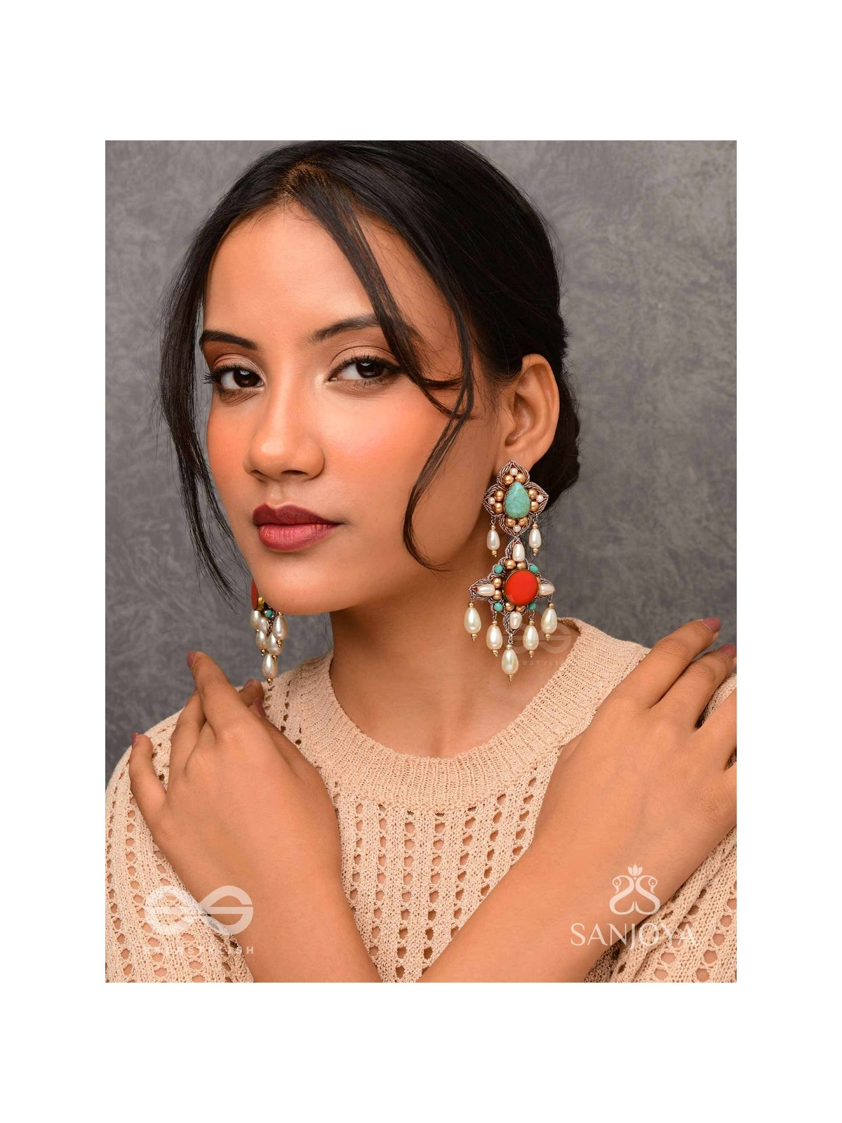 Kusumvat - The Blissful Flowers - Beads, Dabka And Pearl Drops Hand Embroidered Earrings