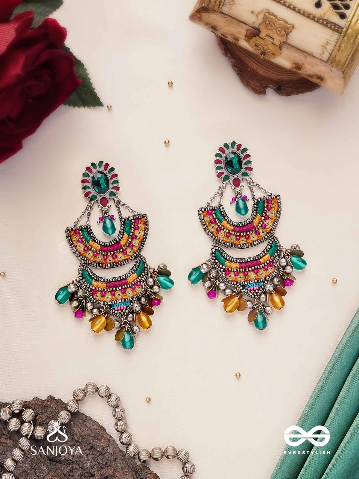 Gramik - The Rustic Royalty - Stone, Resham , Coins And Glass Drops Hand Embroidered Earrings