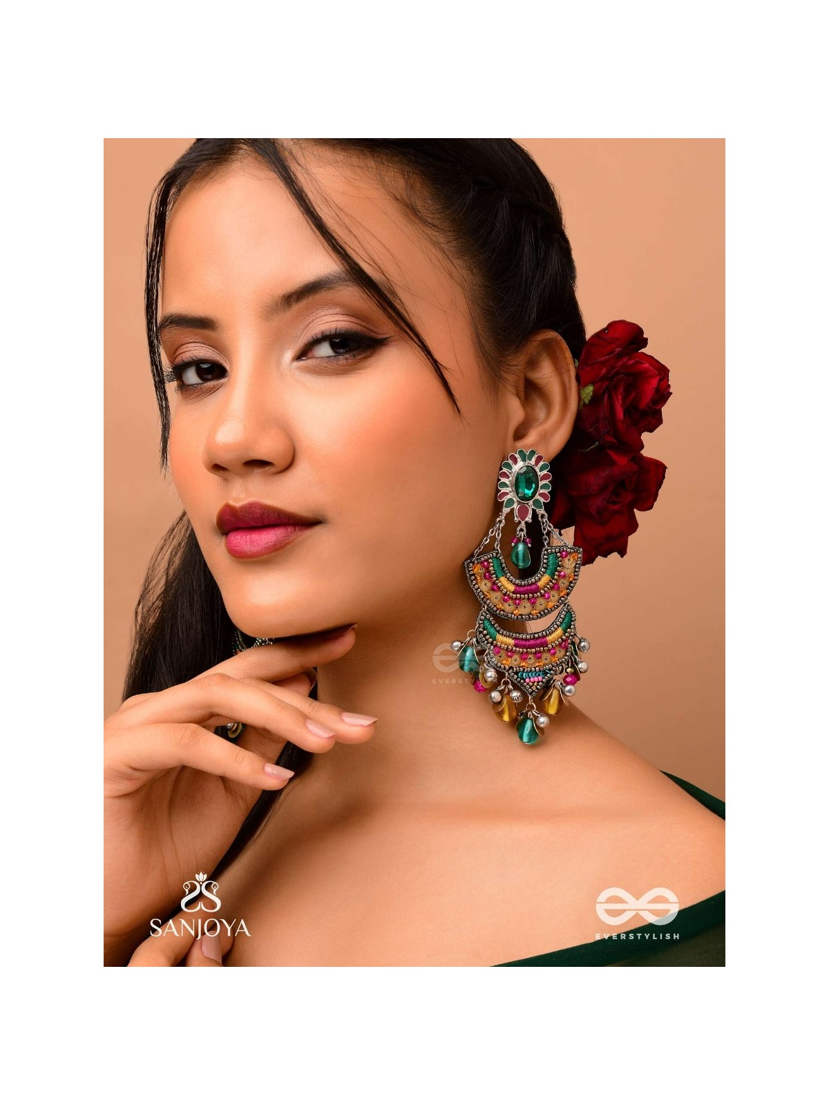Gramik - The Rustic Royalty - Stone, Resham , Coins And Glass Drops Hand Embroidered Earrings