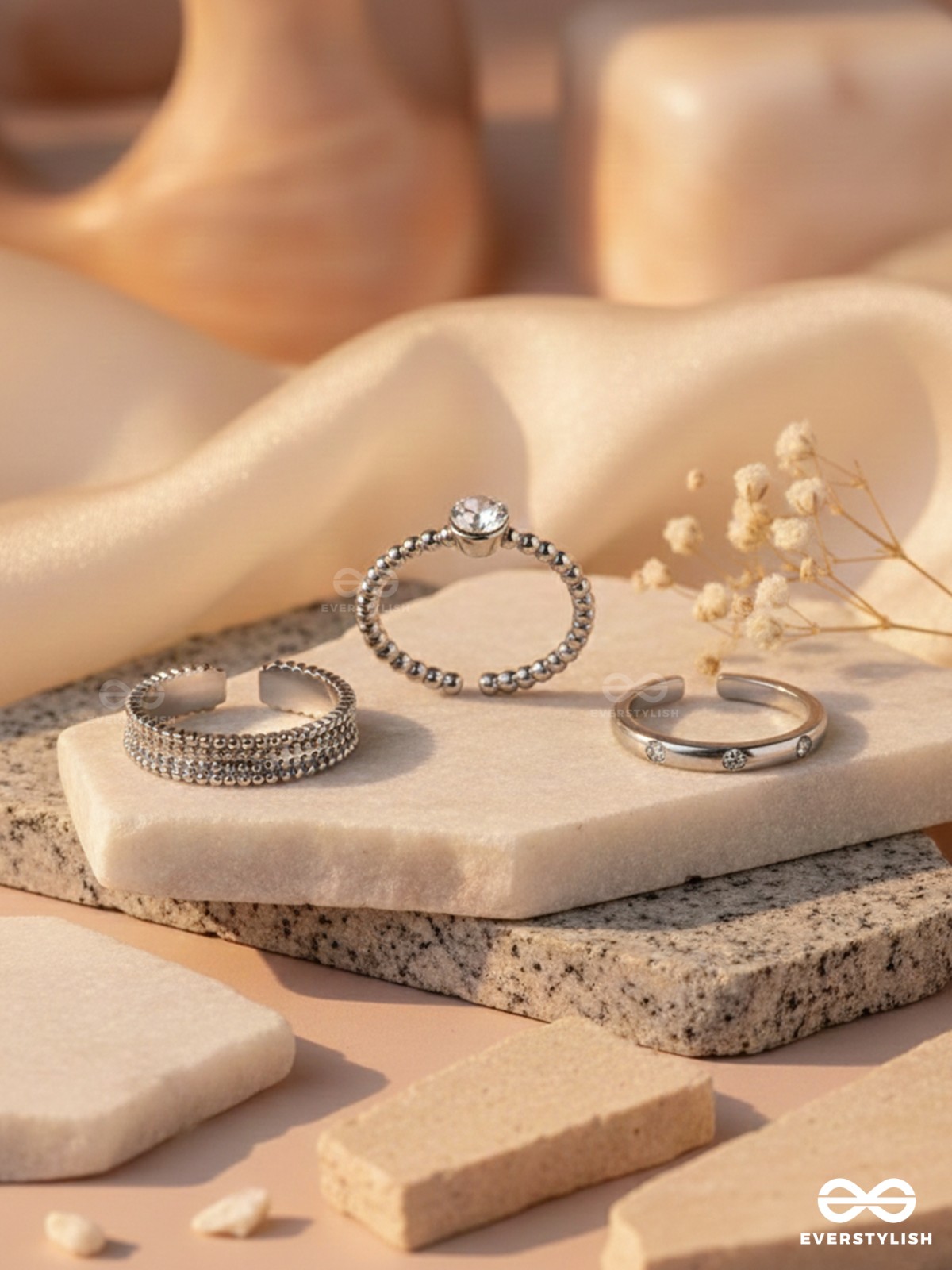 The Sterling Trio - Silver Cubic Zirconia Rings (Set Of 3 Adjustable)